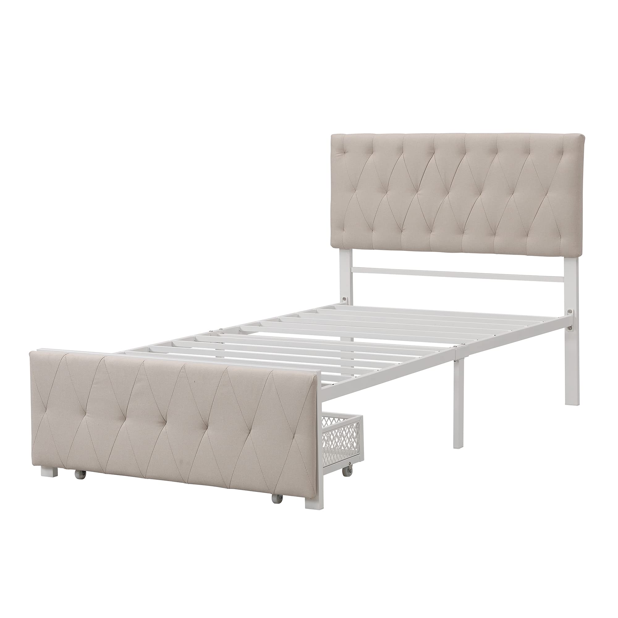 Knocbel Twin Size Metal Platform Bed Frame with Linen Upholstered Headboard & Storage Drawers - 13 Heavy Duty Slat Support, No Box Spring Needed - Space-Saving Bedroom Solution for Small Apartments, Dorms & Guest Rooms