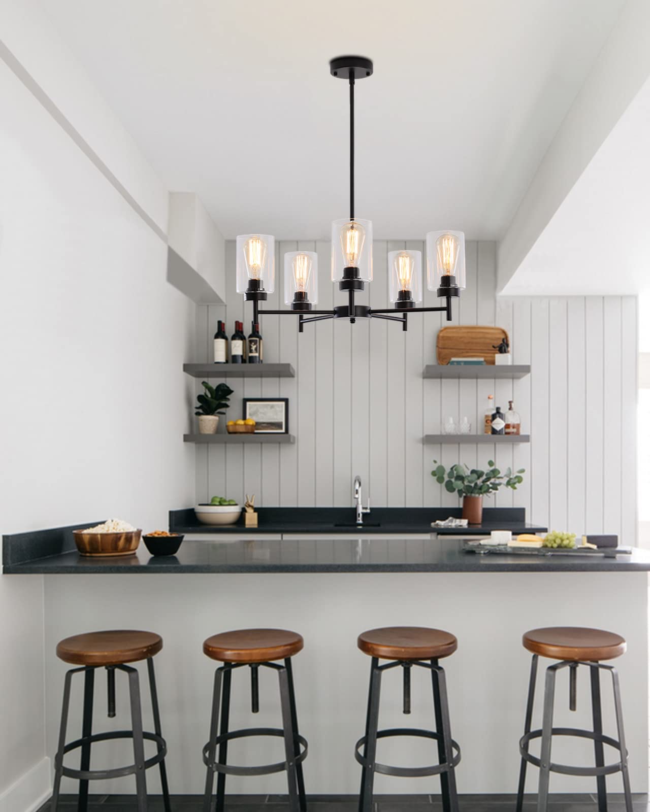 Black Farmhouse Chandelier - 5-Light Industrial Ceiling Pendant with Clear Glass Shades for Dining Room, Living Room, Bedroom, Kitchen & Foyer | Rustic Home Lighting Fixture for Modern Farmhouse Decor