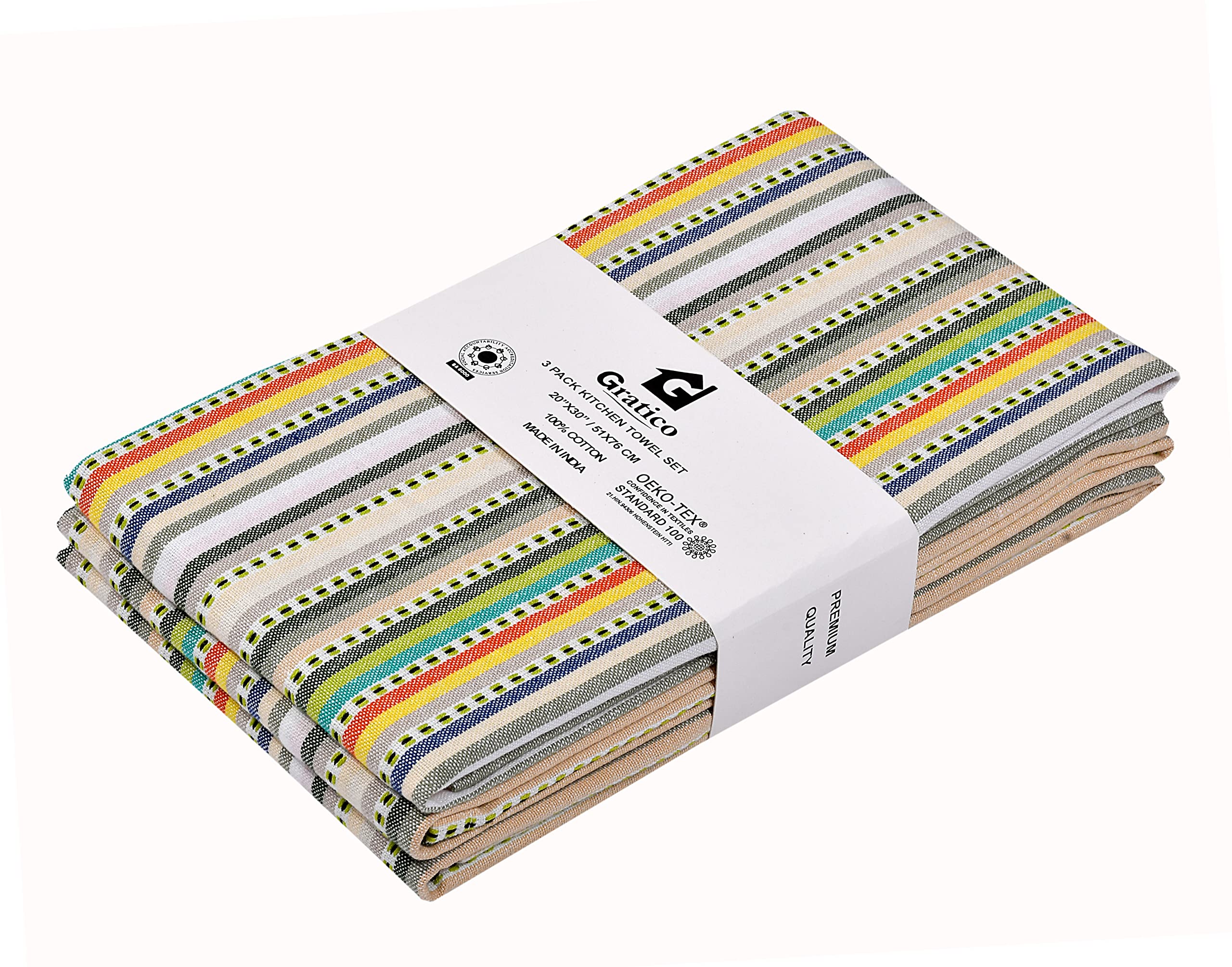 Premium 100% Cotton Kitchen Towels Set of 3 - Ultra Soft & Highly Absorbent Beige Striped Dish Towels (20x30 Inches) with Mitered Corners for Bar, Tea & Kitchen Use - Gratico Multi Dobby Stripes Collection