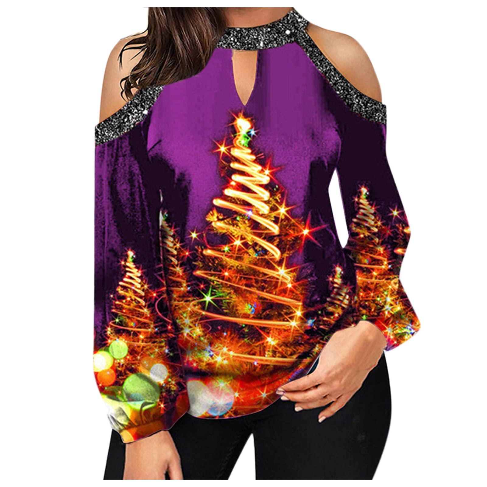 FMCHICO Women's Christmas Off Shoulder Long Sleeve Blouse - Casual Pullover Tops for Holiday Parties, Family Gatherings & Festive Outfits
