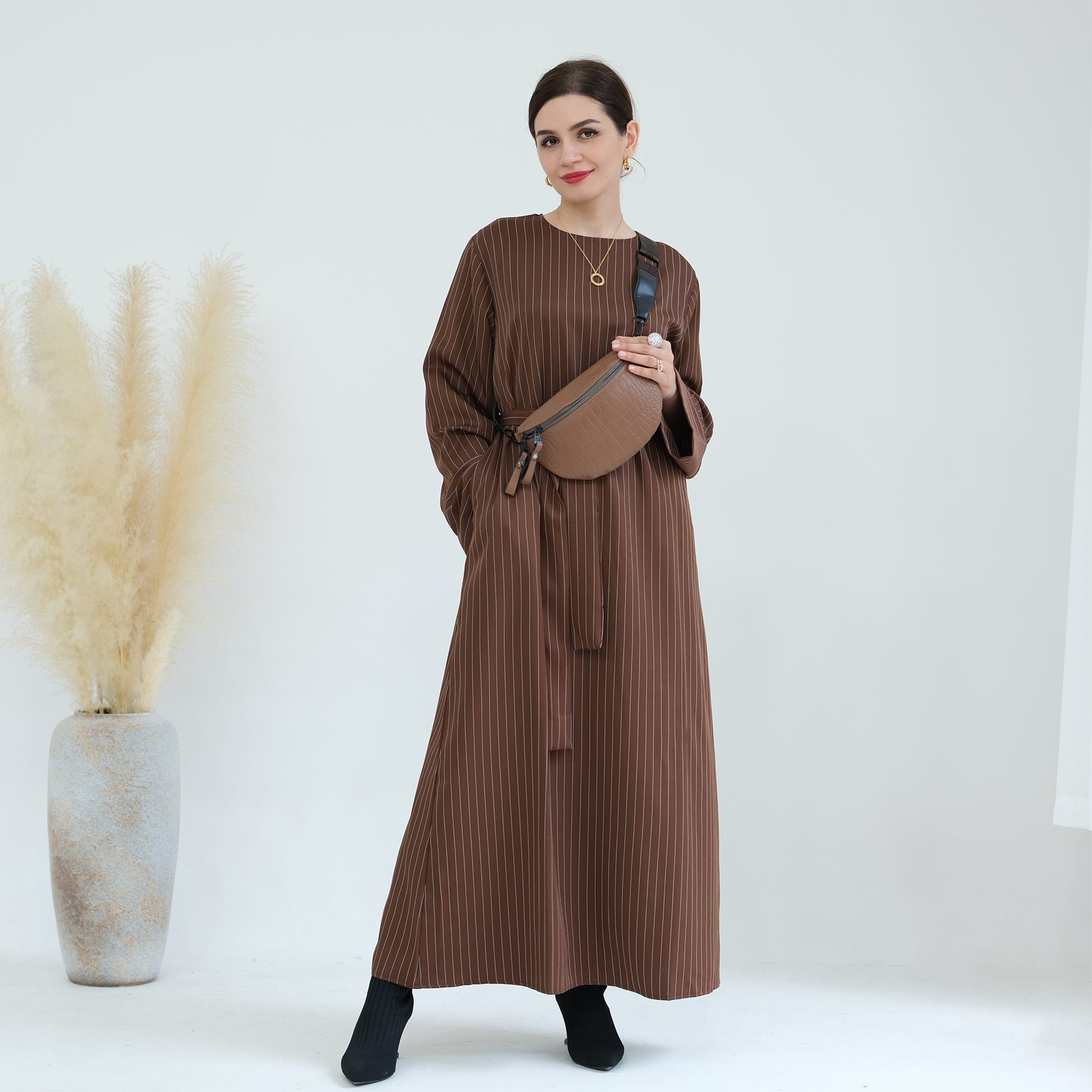 Janine Stripe Long Sleeve Belted Maxi Dress for Women - Brown Flowy Boho Dress for Beach, Wedding & Casual Outings