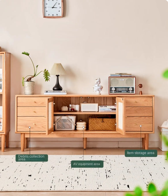 Modern Oak Solid Wood Rattan TV Stand with Storage - Entertainment Center for Living Room, Bedroom & Home Theater Setup