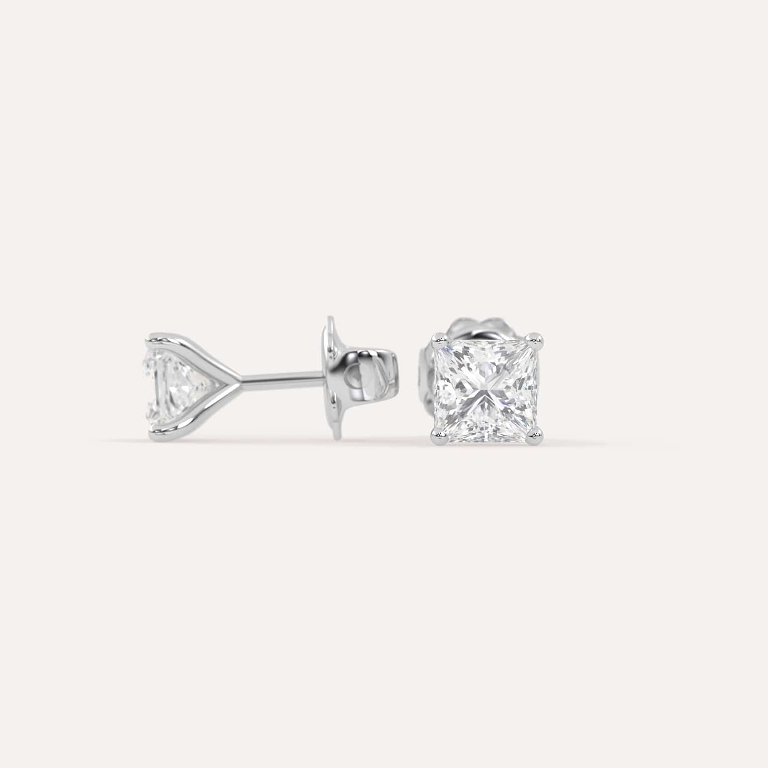 2 Carat Princess Cut Diamond Stud Earrings for Women - 14K White Gold Dainty Earrings for Everyday Wear & Special Occasions