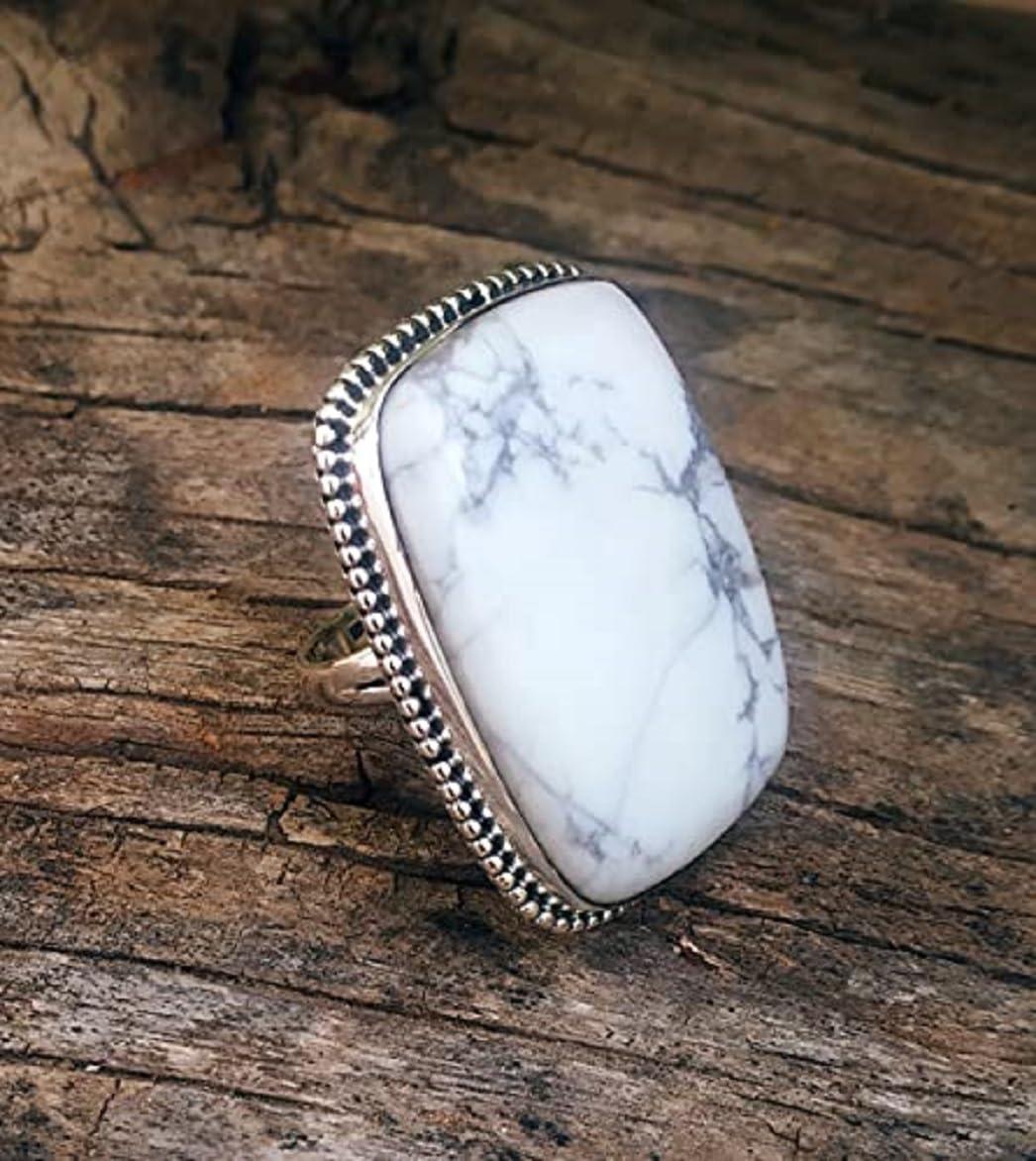 White Howlite Sterling Silver Ring – Antique Rectangle Boho Style Turquoise Howlite Promise Ring – Buffalo Ring, Healing Crystal Jewelry for Bridesmaids Gift & Gypsy Fashion – Perfect for Boho Weddings, Spiritual Healing & Everyday Wear (Size 6)