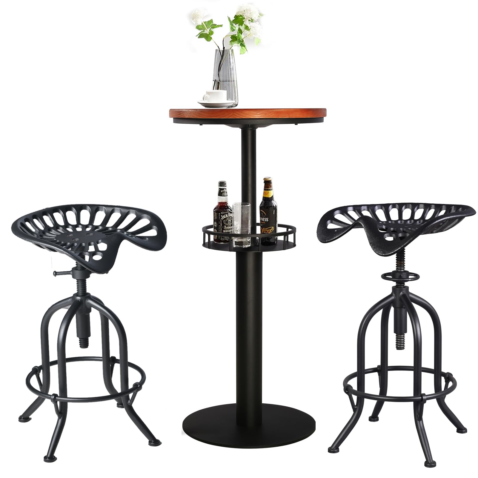 Adjustable Industrial Metal Bar Stool Set of 2 - Farmhouse Tractor Saddle Design, 19.6-24 Inch Counter Height - Perfect for Kitchen, Pub & Home Bar Use - Black