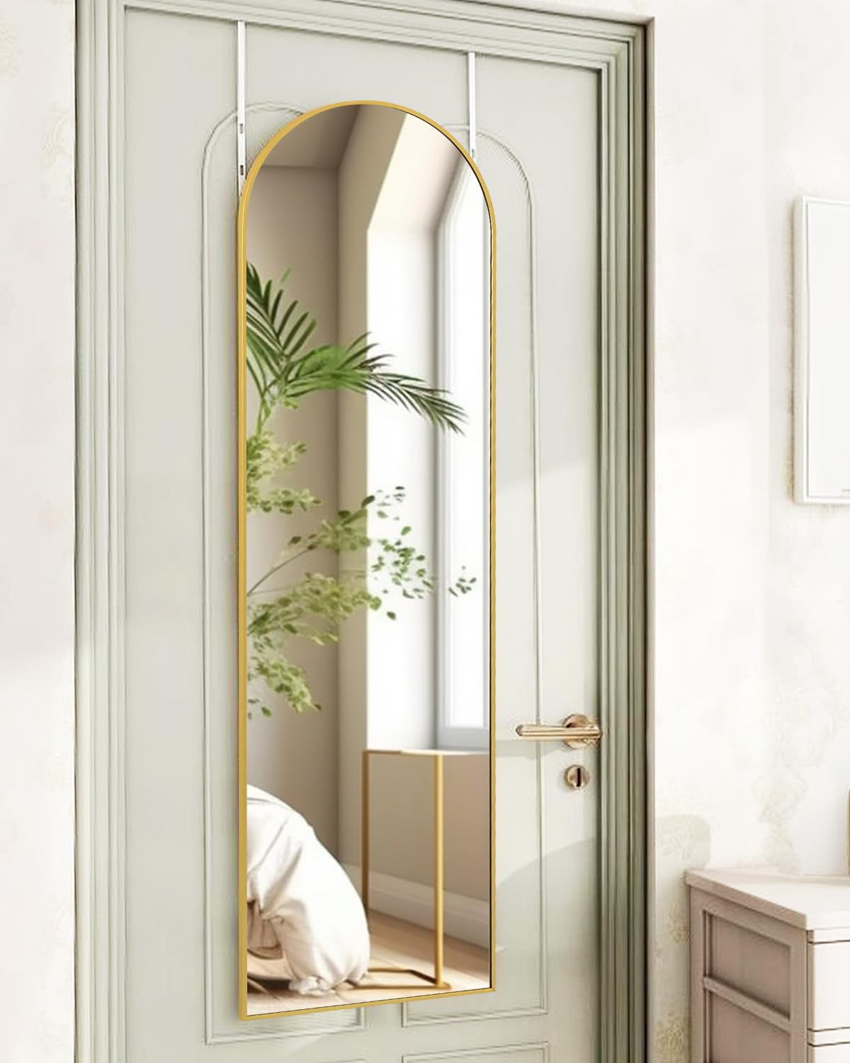 48x14 Inches Full Length Mirror - Over The Door Hanging Mirror with Gold Frame for Bedroom, Living Room & Closet - No Drill Easy Install Arch Floor Mirror - Perfect for Home Decor, Outfit Checks & Space Enhancement