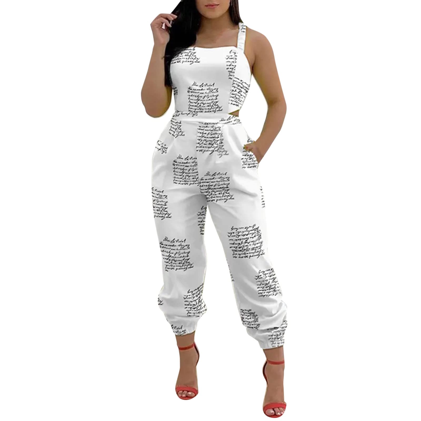 Women's Sexy Slim Fit Wide Leg Romper Jumpsuit - Summer Casual Sleeveless Backless Elastic Tied O-Neck Outfit for Beach, Party & Daily Wear