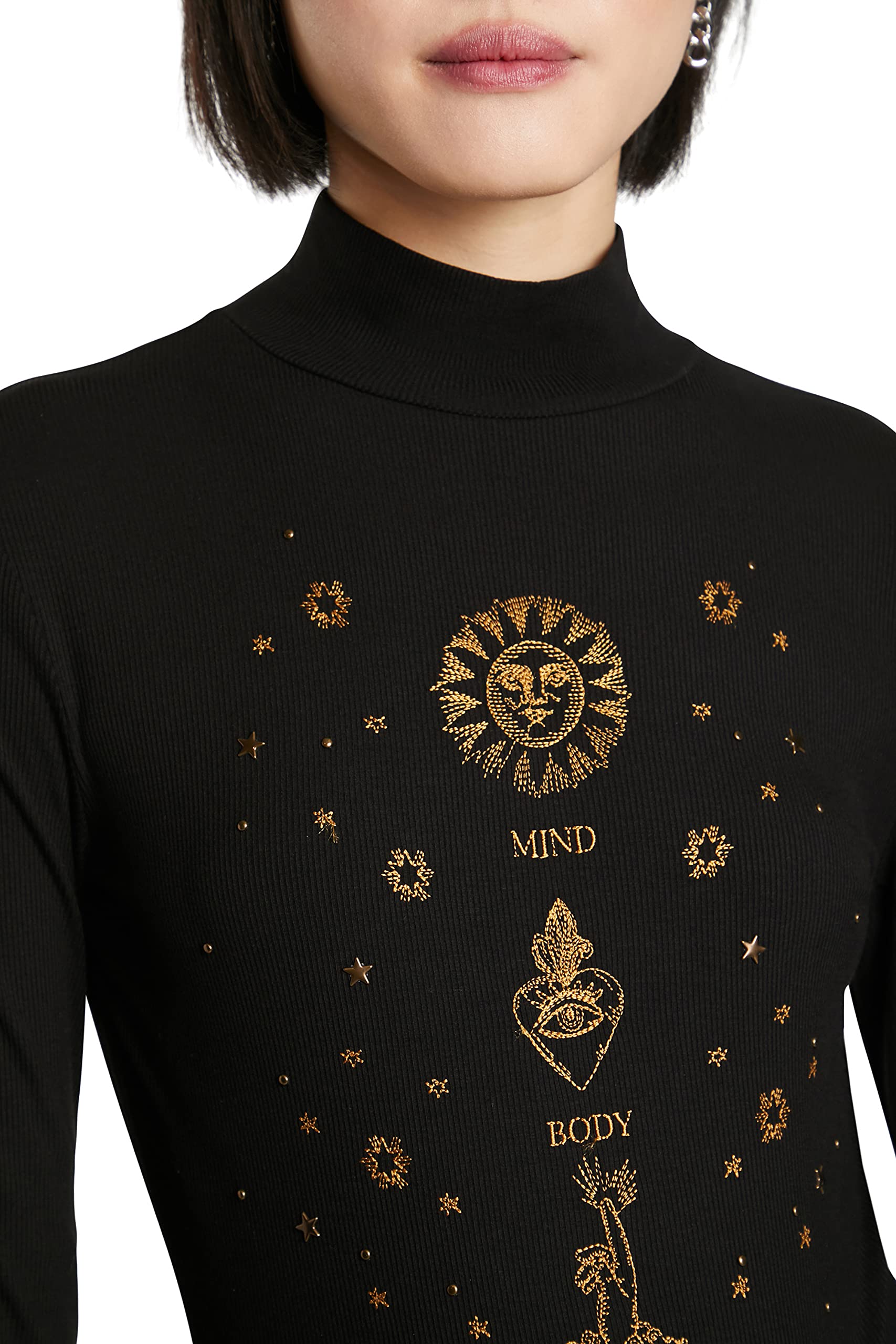 Desigual Astrology Design Black Poloneck Bodysuit Top for Women - Stylish & Comfortable Outfit for Casual Wear, Parties & Night Out