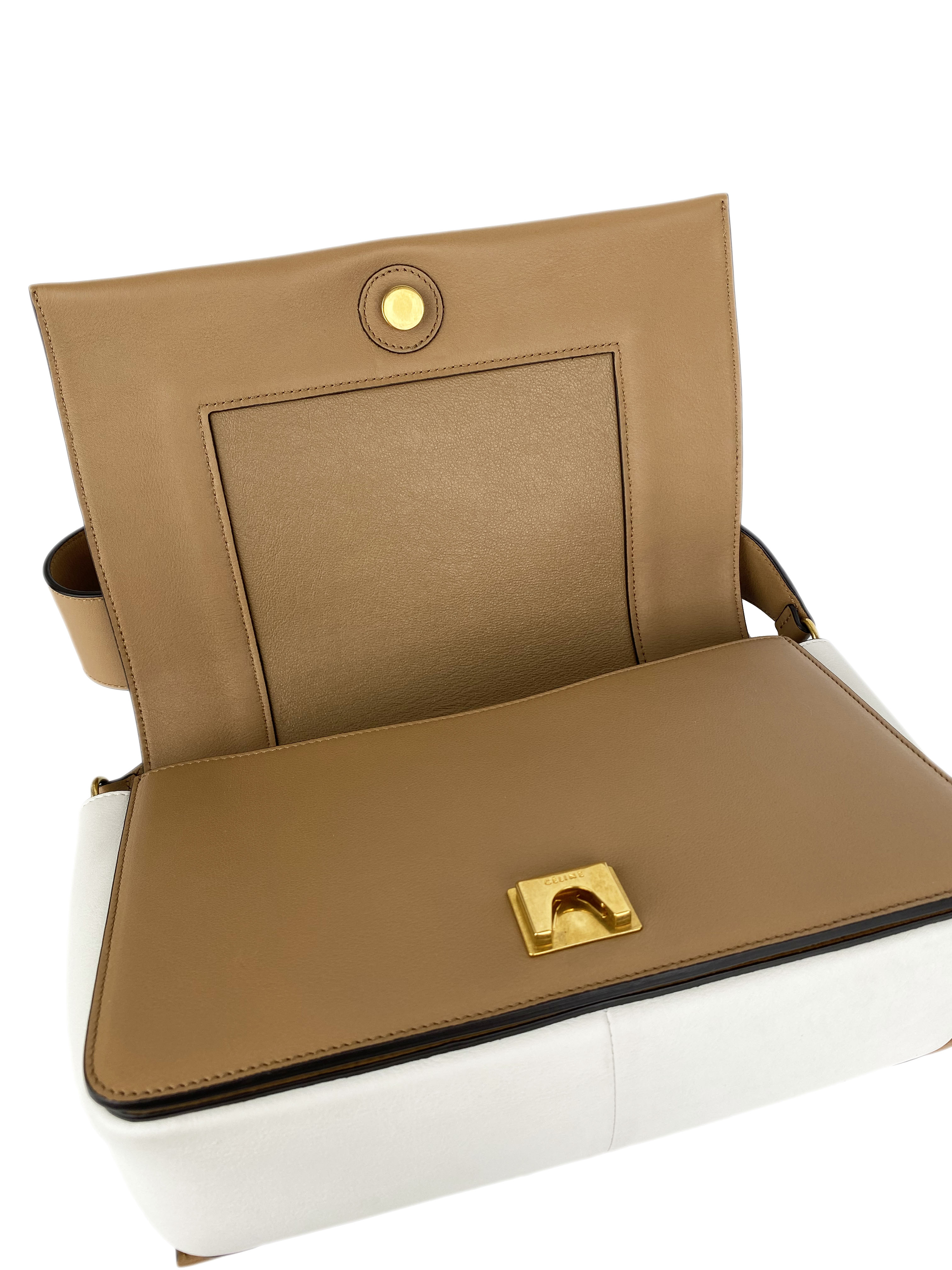 Celine Tan & Optic White Medium Frame Handbag for Women | Stylish Crossbody Purse for Work, Travel & Everyday Use