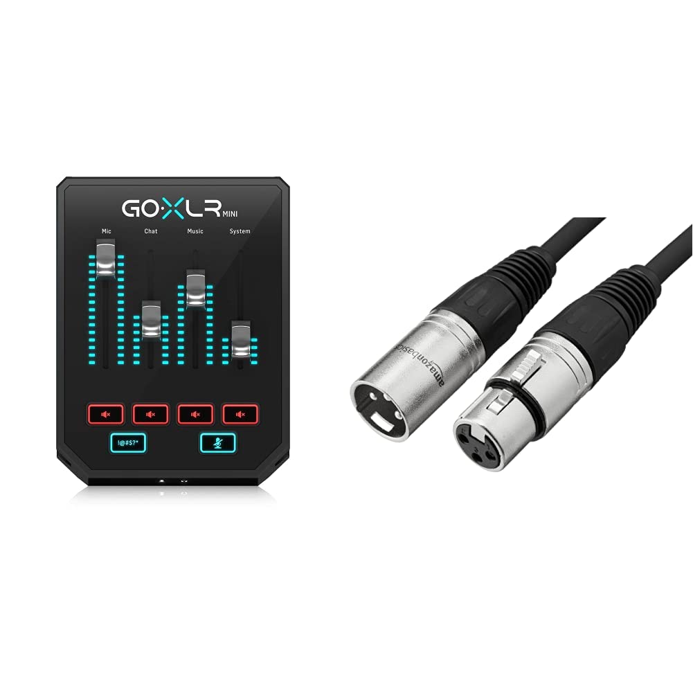 TC-Helicon Go XLR Mini DJ Mixer & Amazon Basics 10ft XLR Male to Female Microphone Cable - Professional Audio Equipment for Live Streaming, Podcasting & Music Production