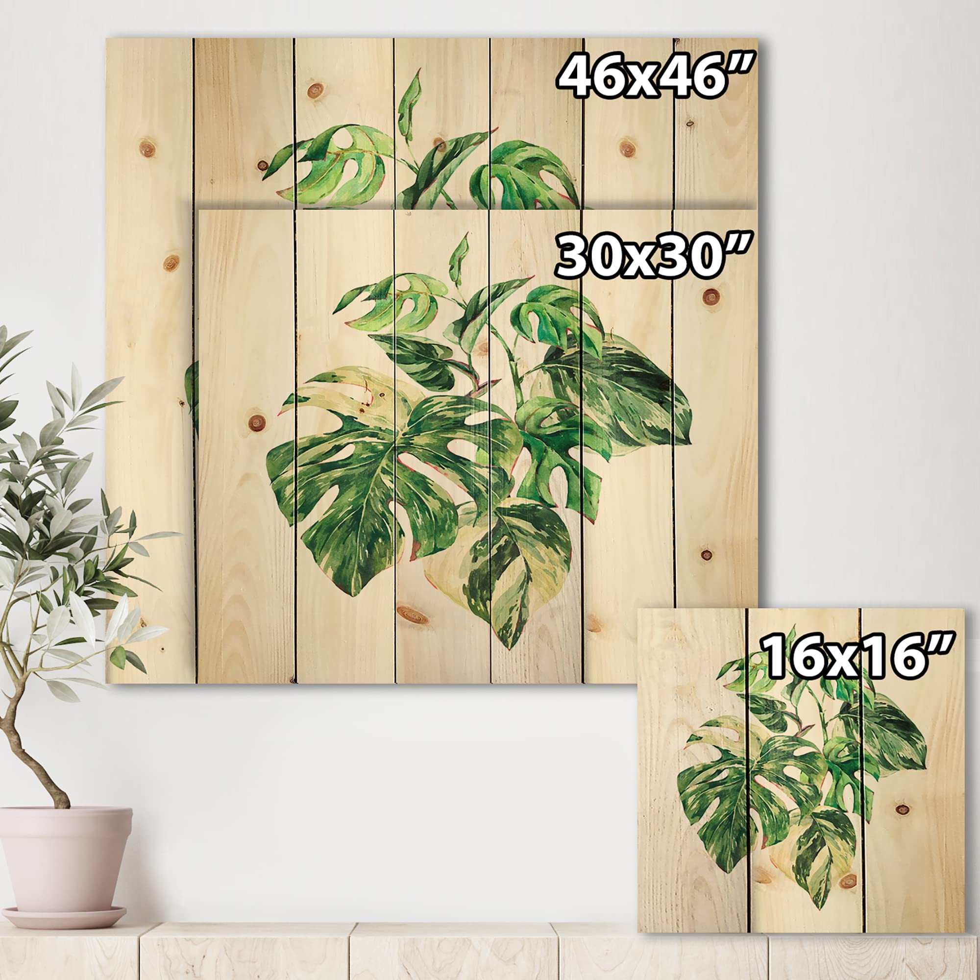 DesignQ Tropical Green Leaves Summer Wood Wall Decor - Large Floral Pine Wood Art Panel for Living Room, Bedroom & Office Decoration
