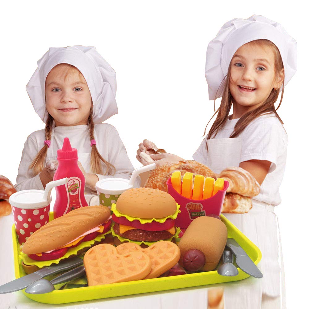 Pretend Play Fast Food Set - Kids Kitchen Toy Accessories with Plastic Burger & Hot Dog - Educational Play Food for Toddlers & Children - Perfect for Birthday Gifts & Role-Playing Games (Ideal for Home, Preschool & Daycare Pretend Play)