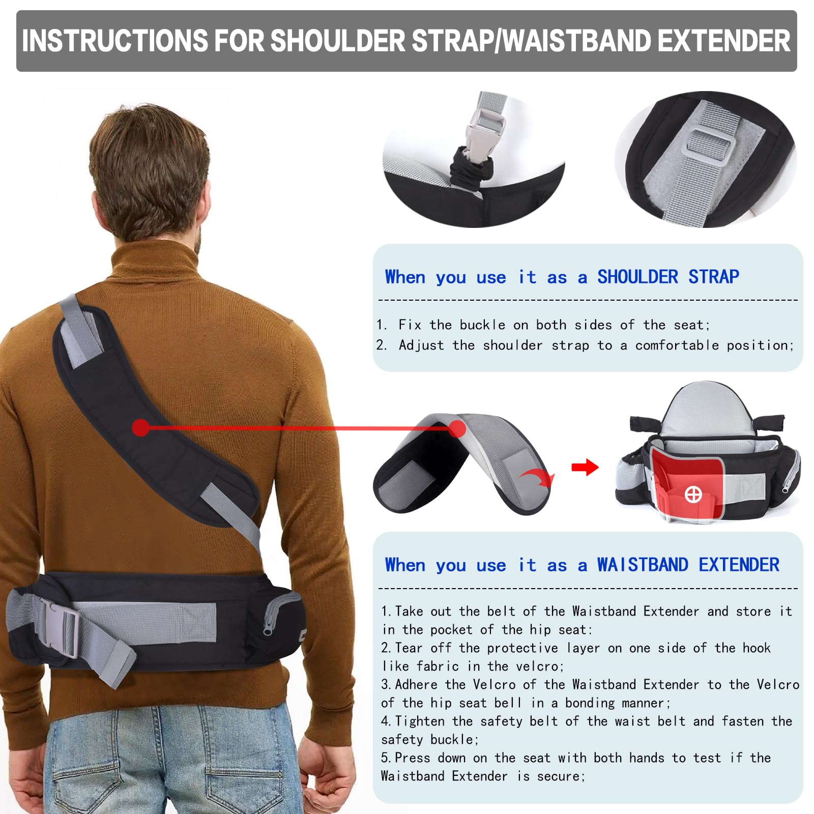 Ergonomic Baby Hip Carrier with Adjustable Straps & Foldable Seat - Newborn to Toddler Support with 180° Up-Down Position, Waistband Extender & Large Storage Pockets - Perfect for Shopping, Travel & Daily Errands (Black)
