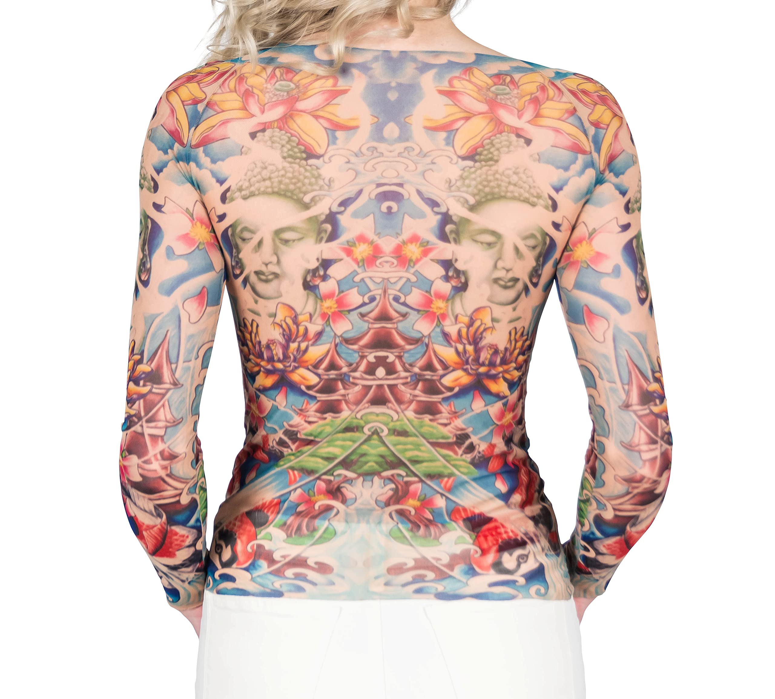 Wild Rose Women's Prayer Buddha Yoga Meditation Lotus Koi Zen Blue Tattoo Print Mesh Shirt - Perfect for Yoga, Meditation, and Spiritual Retreats