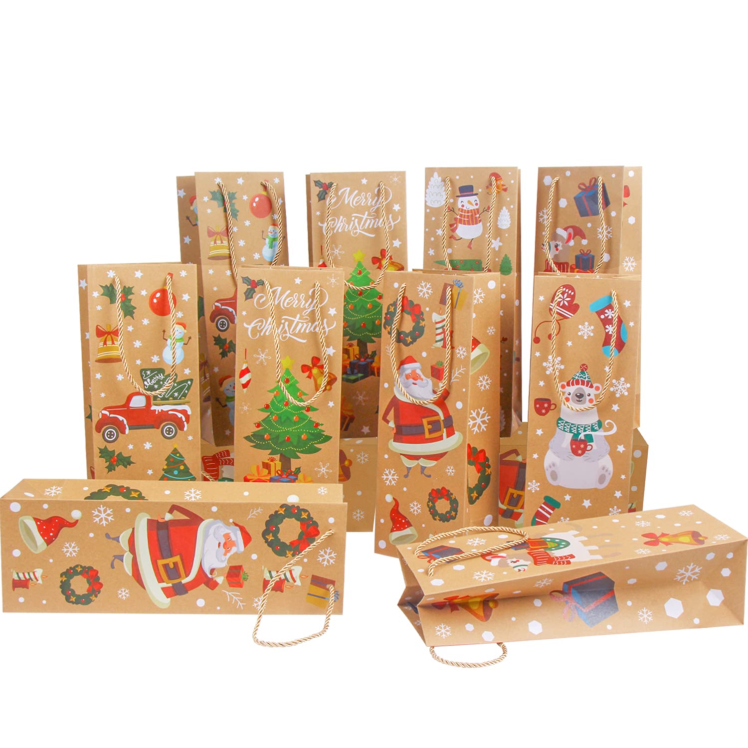 12 Pack Christmas Wine Gift Bags with Handles - Kraft Holiday Wine Bottle Bags for Party Favors & Gifts - Perfect for Christmas Parties, Hostess Gifts & Wine Exchanges