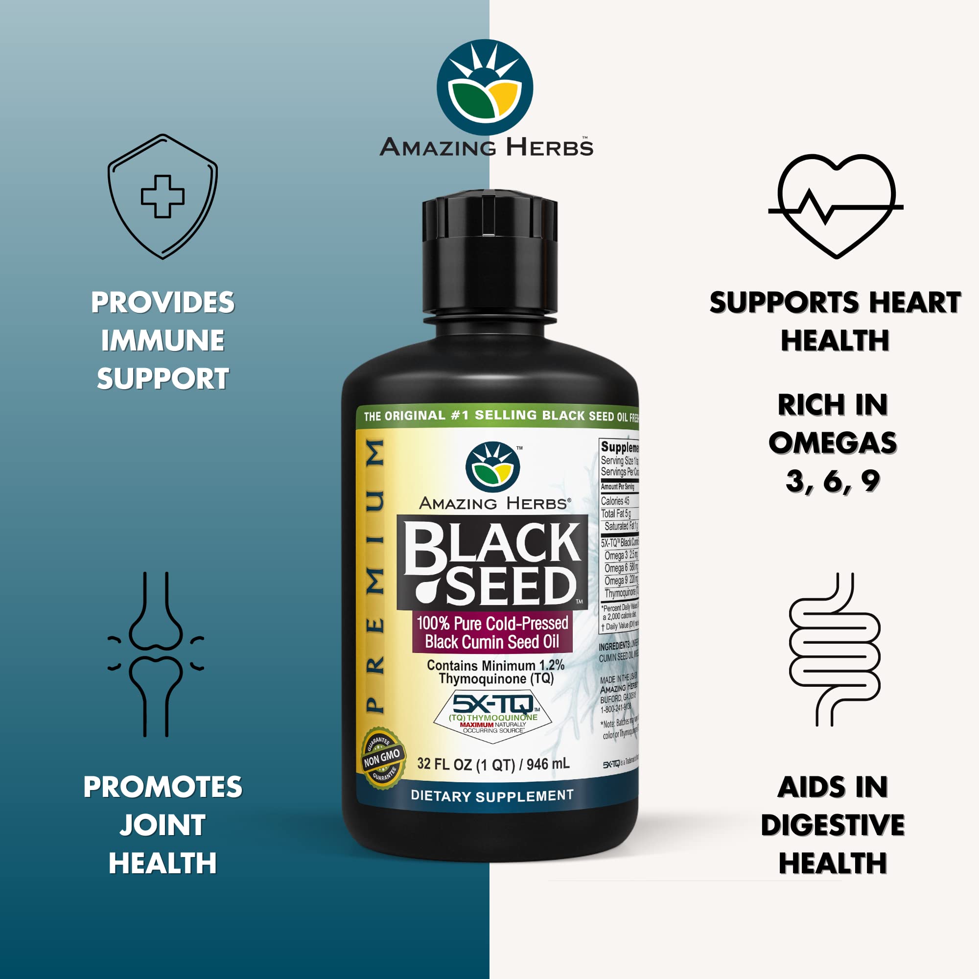 Premium Cold-Pressed Black Seed Oil (Nigella Sativa) - 32 Fl Oz for Digestive Health, Immune Support, Brain Function & Joint Mobility | Gluten-Free, Non-GMO | Perfect for Daily Wellness & Natural Remedies