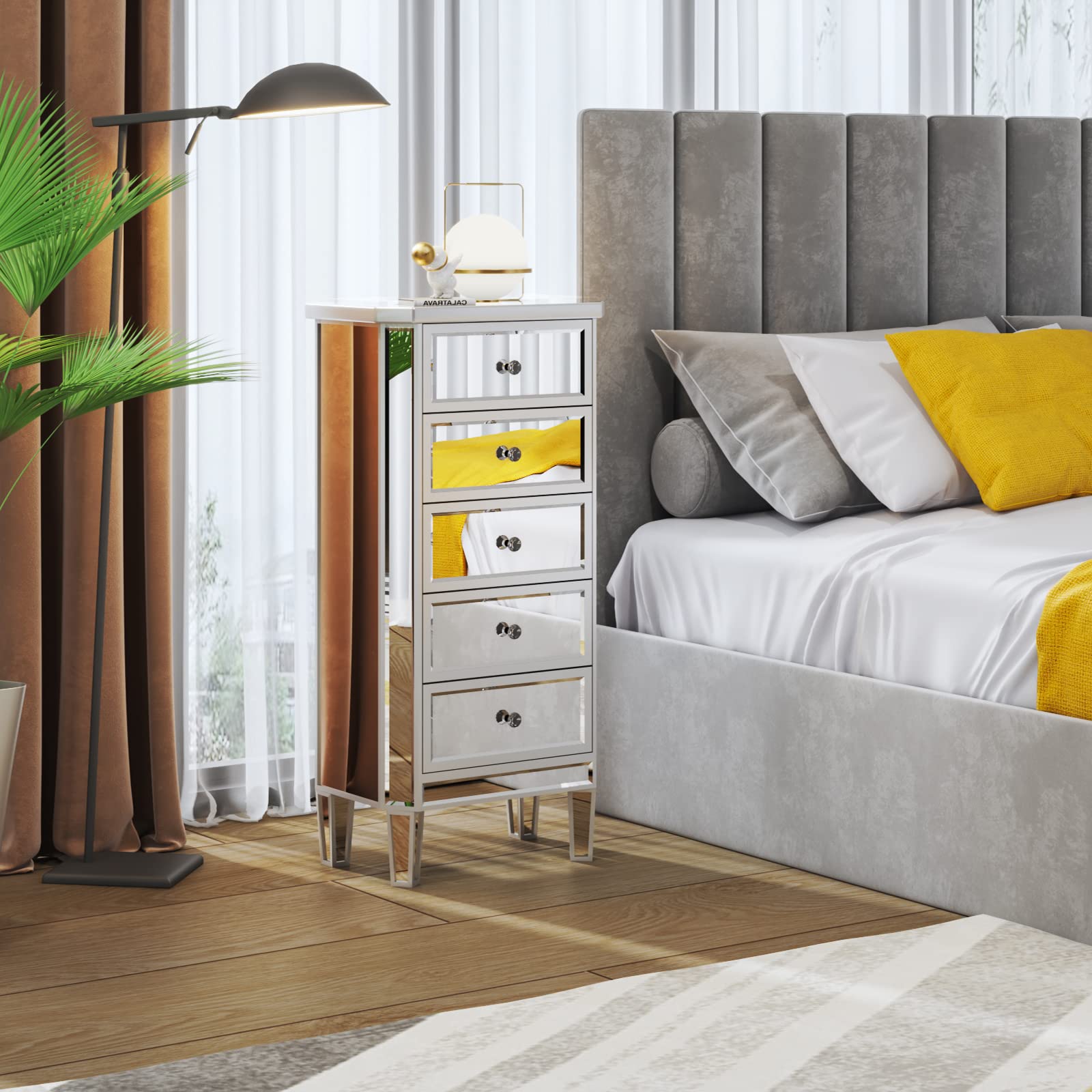 VINGLI 5-Drawer Mirrored Dresser - Modern Glass Chest of Drawers for Bedroom, Silver Finish | Perfect for Dressing Room, Living Room & Bedroom Storage