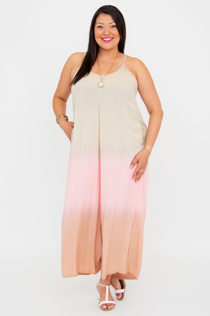 Ender Jumpsuit - Tan Dip Dye Women's Romper | Stylish Casual Outfit for Summer, Beach, and Outdoor Activities