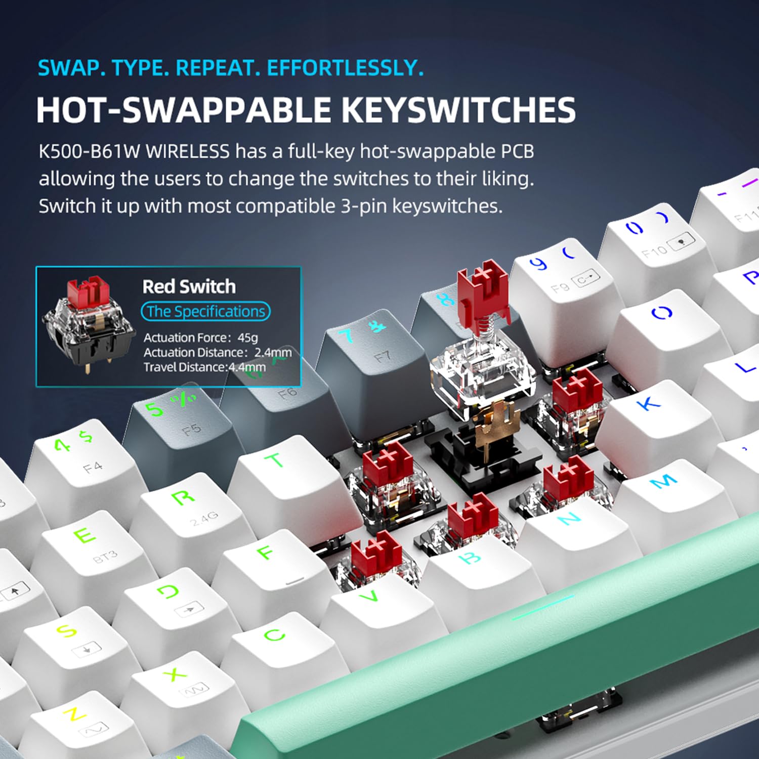Machenike K500A-B61W 60% Wireless Mechanical Gaming Keyboard - 61 Keys Compact Design, Hot-Swappable Linear Red Switches, RGB Backlit, Anti-Ghosting, Double-Shot PBT Keycaps for Windows/Mac (White) - Perfect for Esports, Office Work & Home Gaming Setup