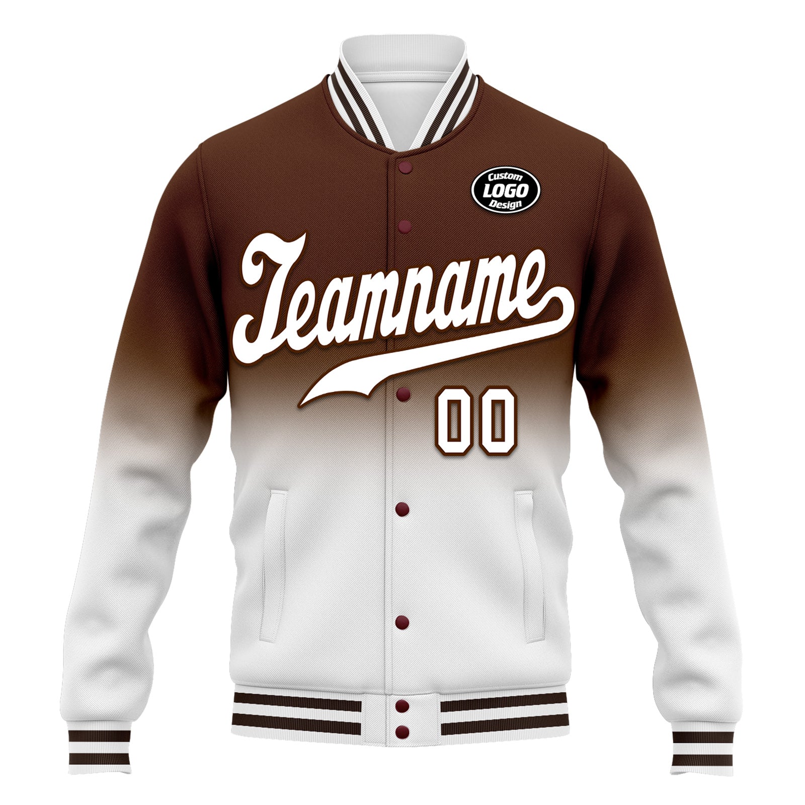 Custom Brown & White Fade Personalized Varsity Bomber Jacket - Snap Closure Letterman Jacket FZ005 D020229 - Perfect for School Events, Sports Games & Streetwear Fashion