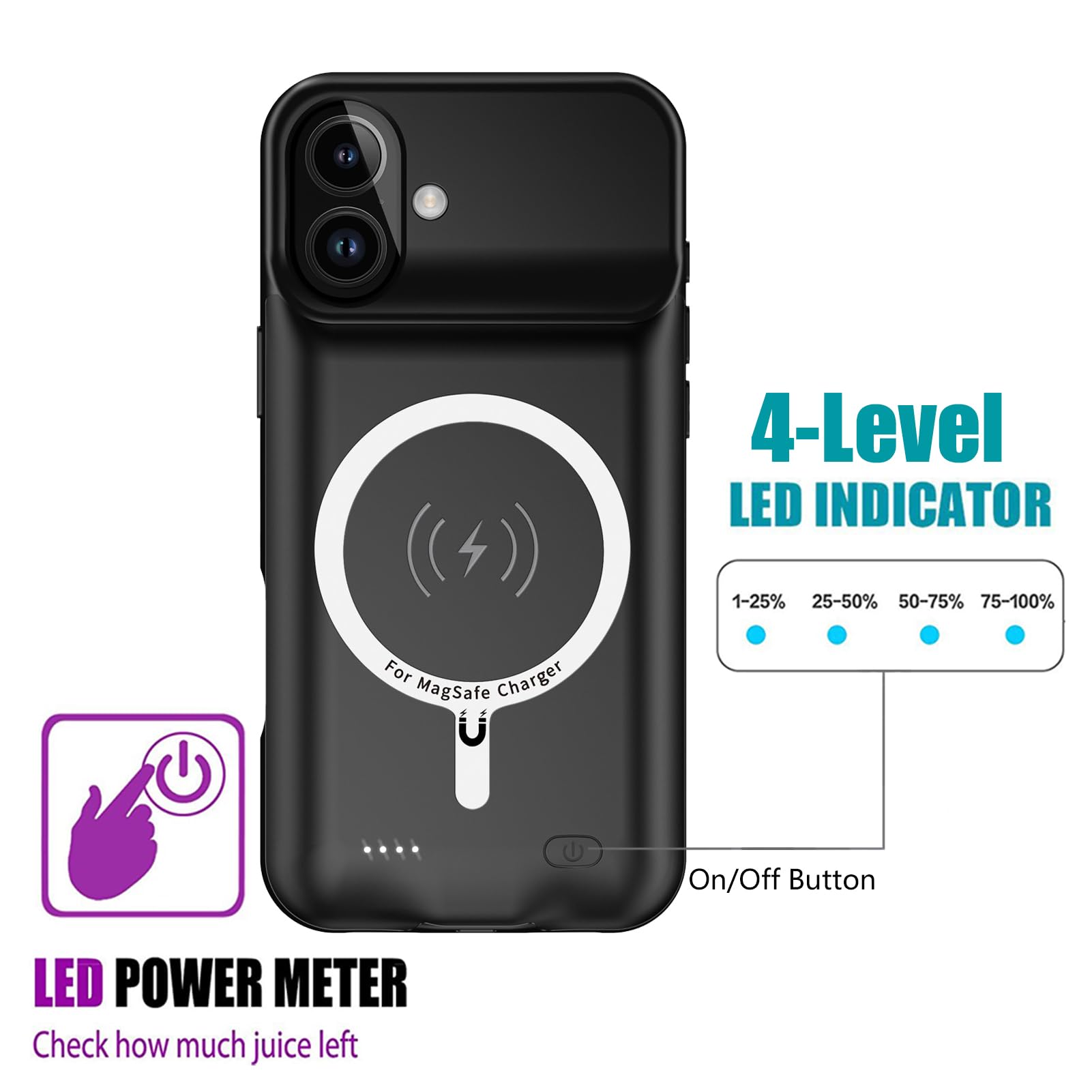 10000mAh Wireless Charging Battery Case for iPhone 16 (6.1 inch) - 2024 Rechargeable Portable Power Bank with CarPlay Support | Extended Battery Pack Charger Case (Black) | Perfect for Travel, Work & Outdoor Activities