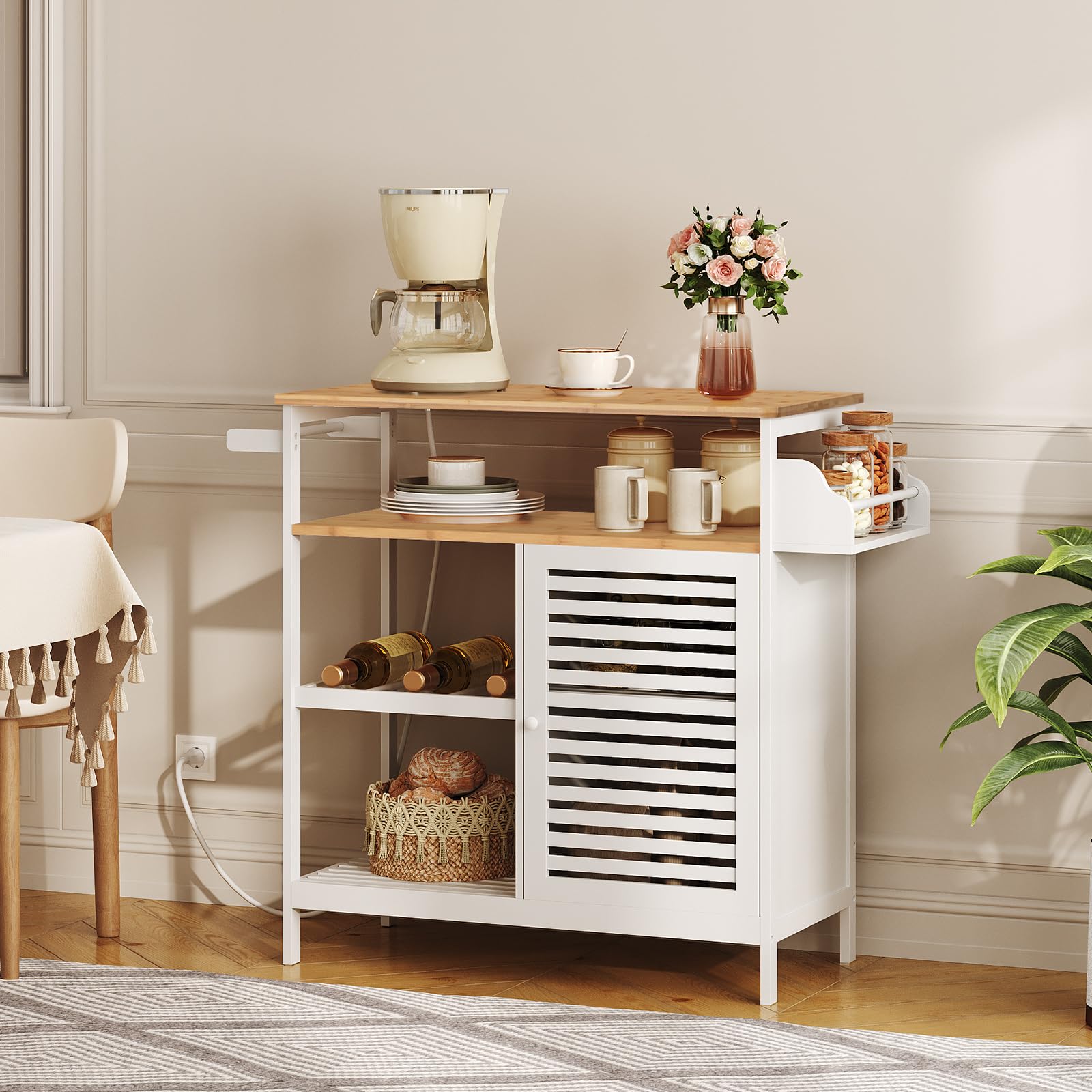 HOOBRO White and Natural Kitchen Island with Storage, Power Outlet, 4-Tier Coffee Station & Microwave Stand - Large Worktop Kitchen Cart for Home, Dining Room | Perfect for Small Spaces, Entertaining & Coffee Bar Setup
