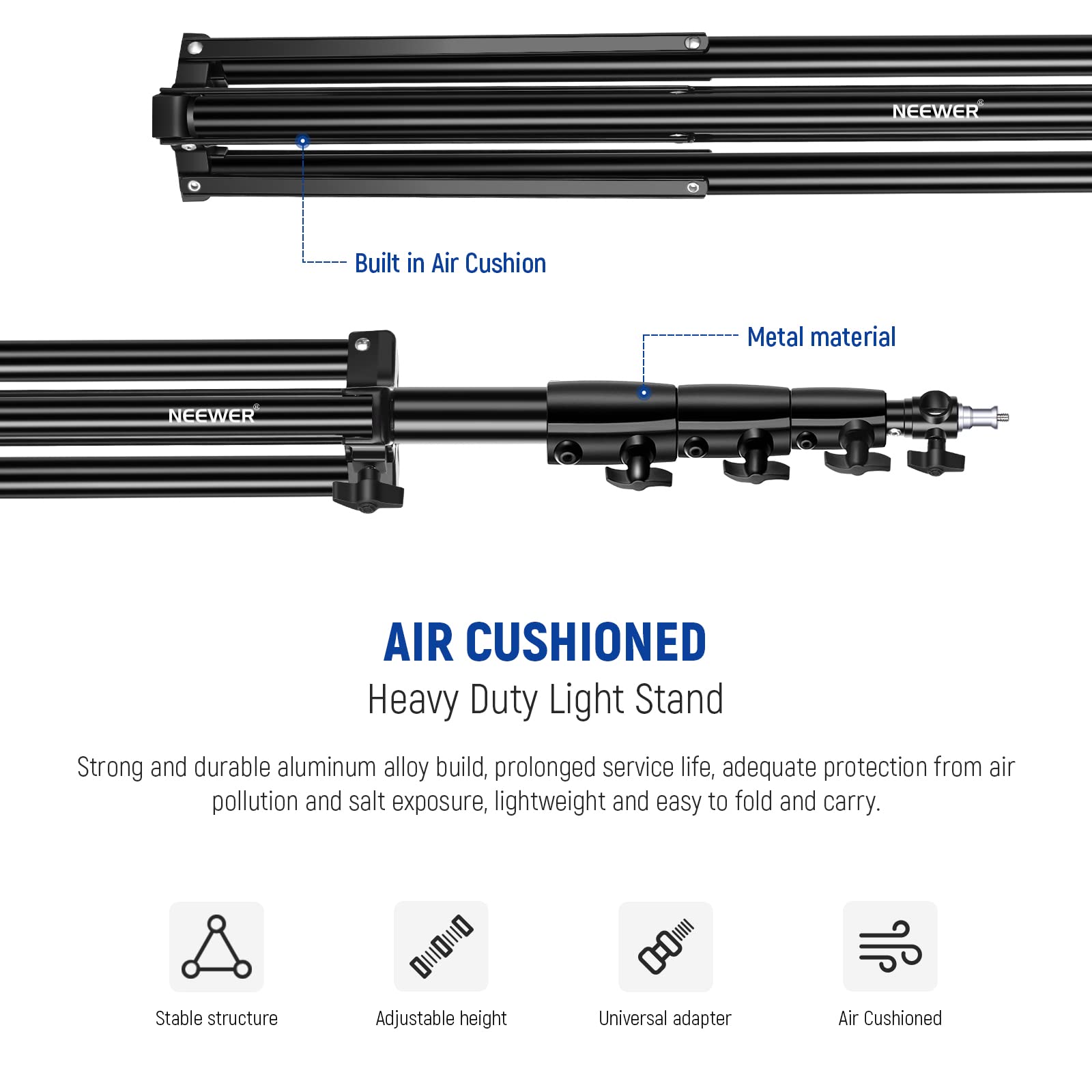 NEEWER 13ft/4m Heavy Duty Air Cushioned Light Stand - All Metal Photography Tripod with 1/4” to 3/8” Reversible Spigot, 3-Way Mounting & Metal Locking Knobs (Max Load 6.5lb/3kg) - Perfect for Studio, Portrait, and Video Lighting Setups