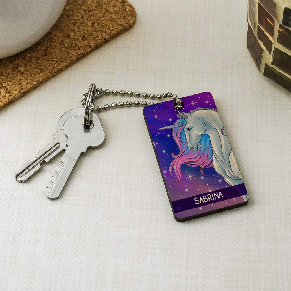 Custom Engraved Majestic Unicorn Wooden Keychain - Personalized 1 Line Text Rectangle Key Ring - Perfect Gift for Kids, Women & Unicorn Lovers (Birthday, Christmas, Party Favors)