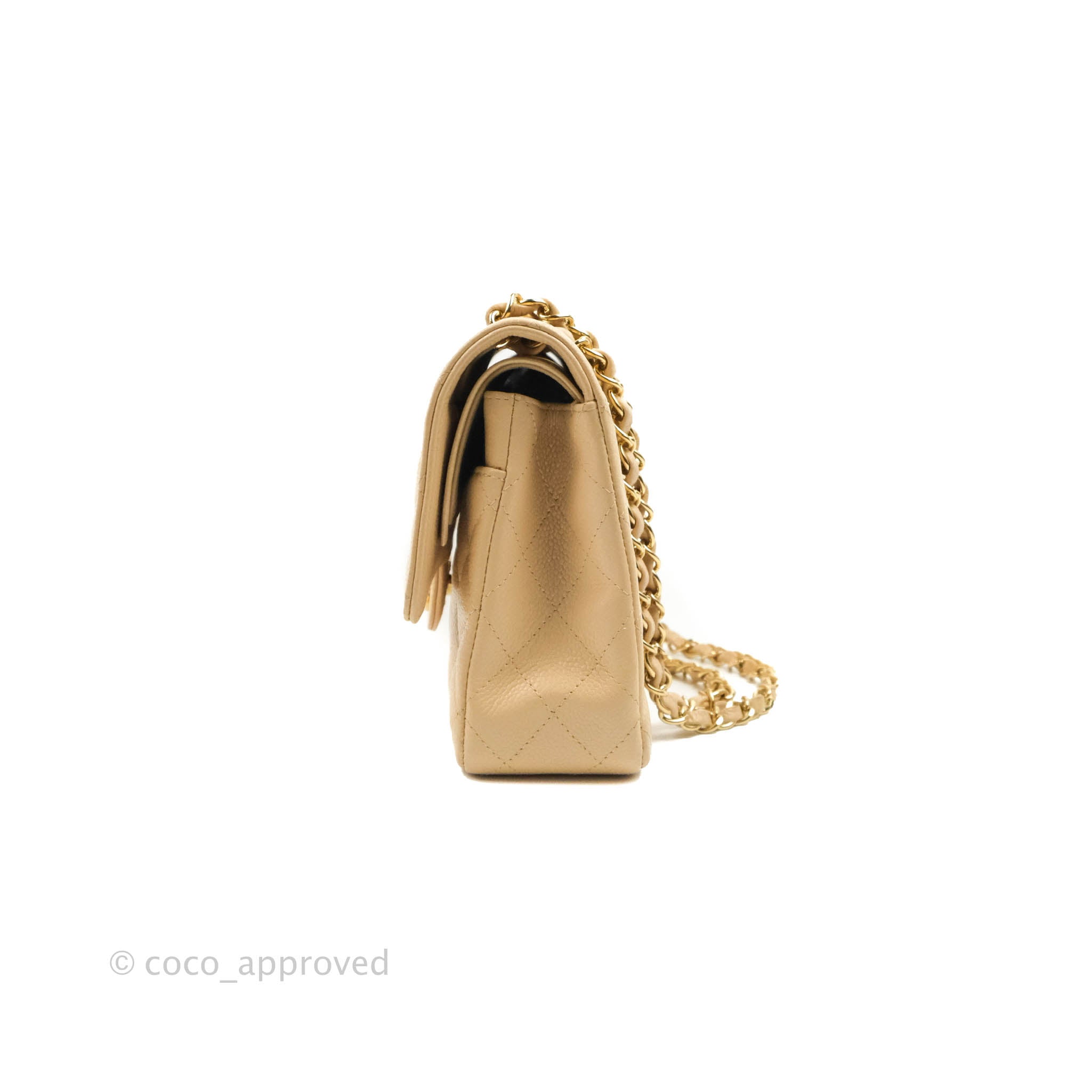 Chanel Classic M/L Medium Flap Bag - Quilted Beige Caviar Leather with Gold Hardware | Luxury Shoulder Bag for Women, Perfect for Work, Parties & Special Occasions