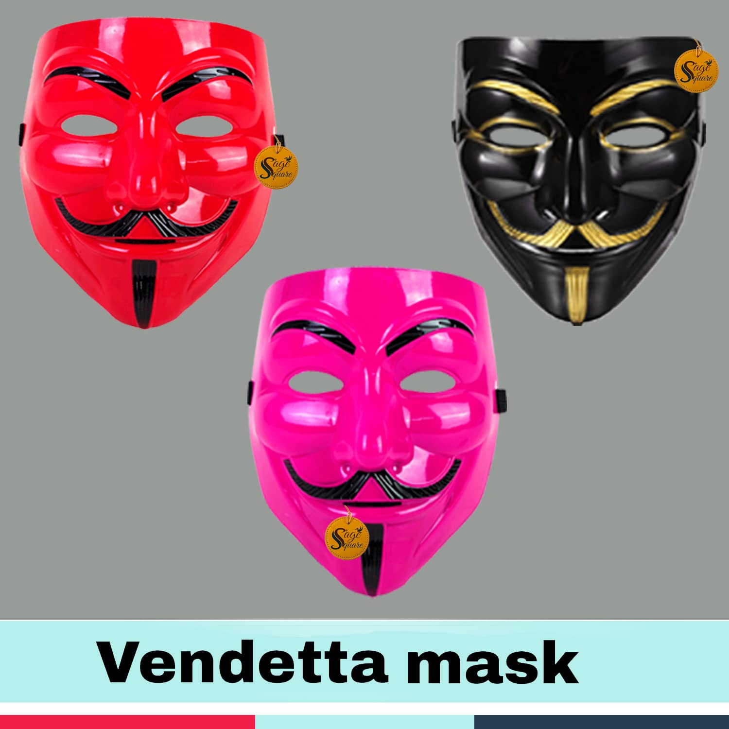 V for Vendetta Anonymous VIP Edition Face Mask - Sage Square Black, Pink & Red Set of 3 | Perfect Fit Cosplay Mask for Halloween, Protests & Movie Costumes | Fawkes Guy Fawkes Mask for Adults