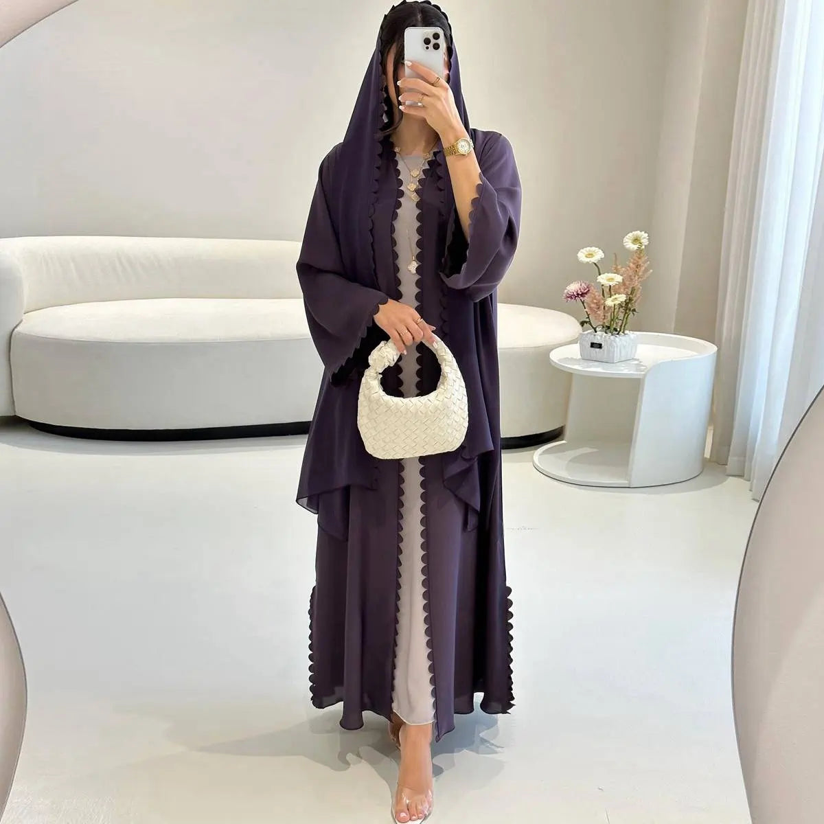 Elegant Open Front Cardigan Abaya Dress with Matching Hijab - Modest Muslim Women's Clothing for Prayer, Mosque & Special Occasions