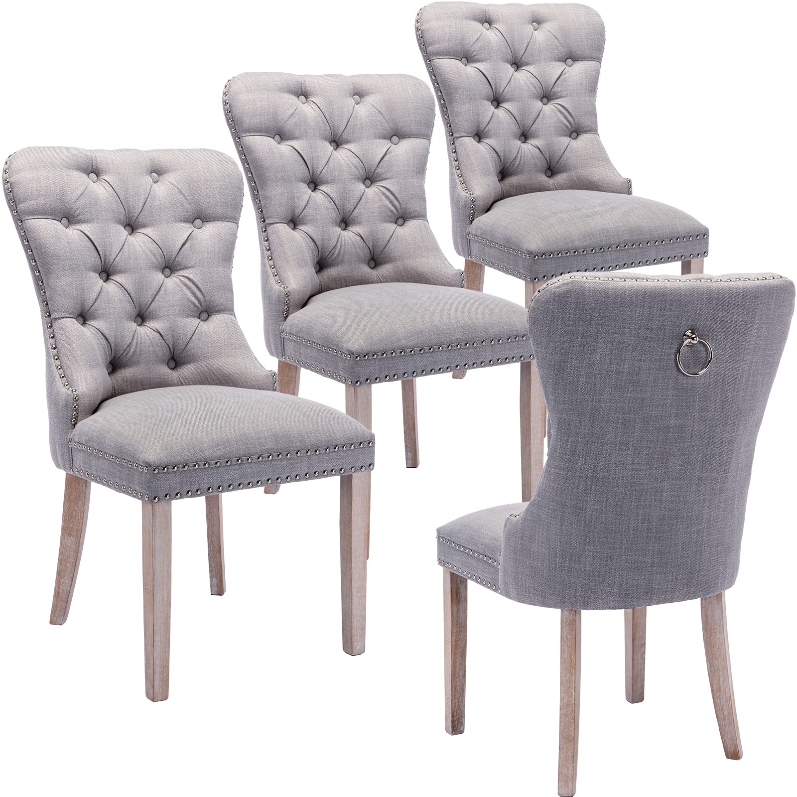 Hyfirm Grey Fabric Upholstered Dining Chairs Set of 4 - Armless Padded Kitchen & Dining Room Chairs with Wooden Legs, Elegant Button Tufted Design & Back Ring Pull - Perfect for Home, Restaurant, and Office Use