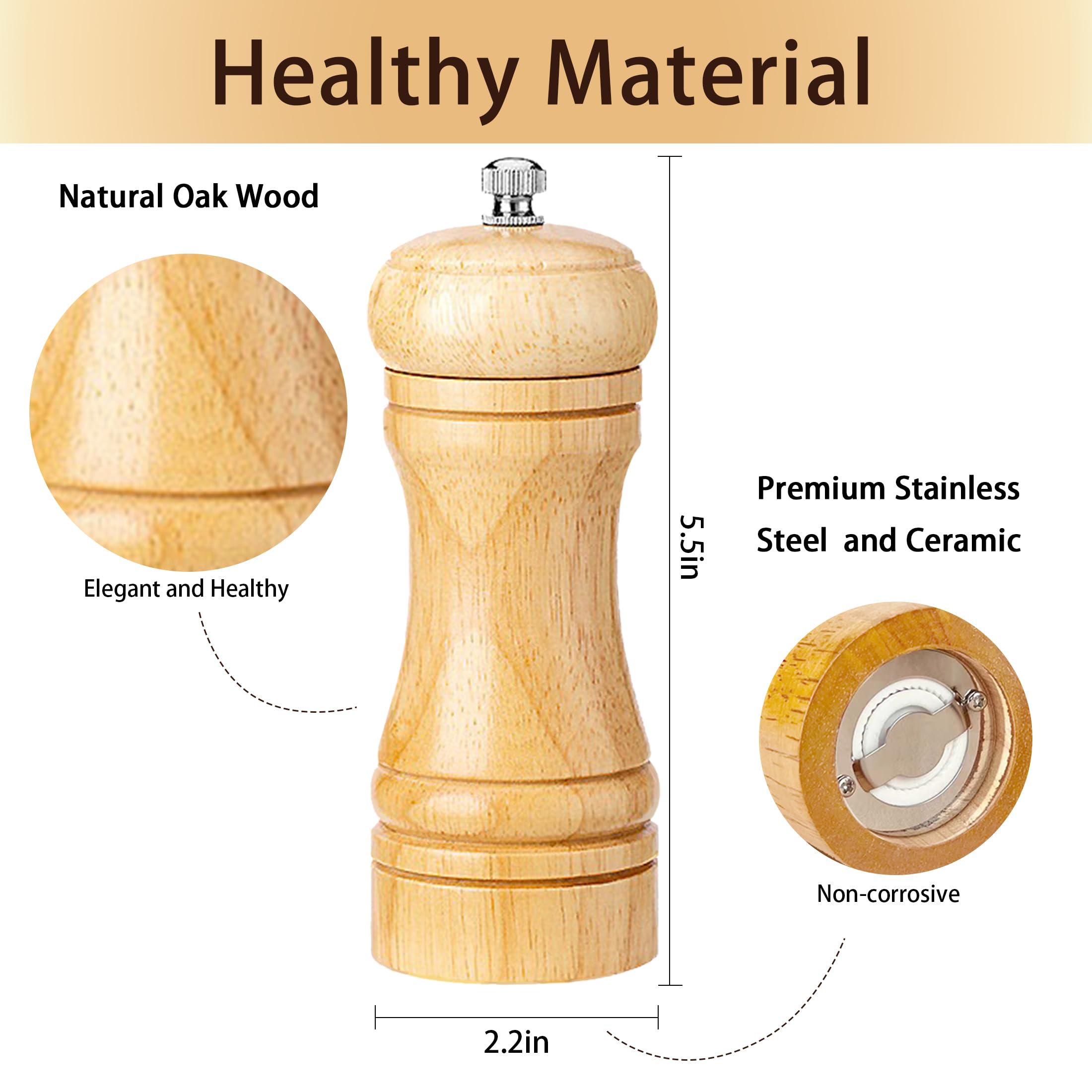 Premium Wooden Salt and Pepper Grinder Set - 2 Pack Adjustable Manual Spice Mill with Ceramic Stainless Steel Core - 5 Inch Refillable Shakers for Kitchen, Dining Table & Outdoor Cooking - Perfect for Home Chefs & Gourmet Cooking