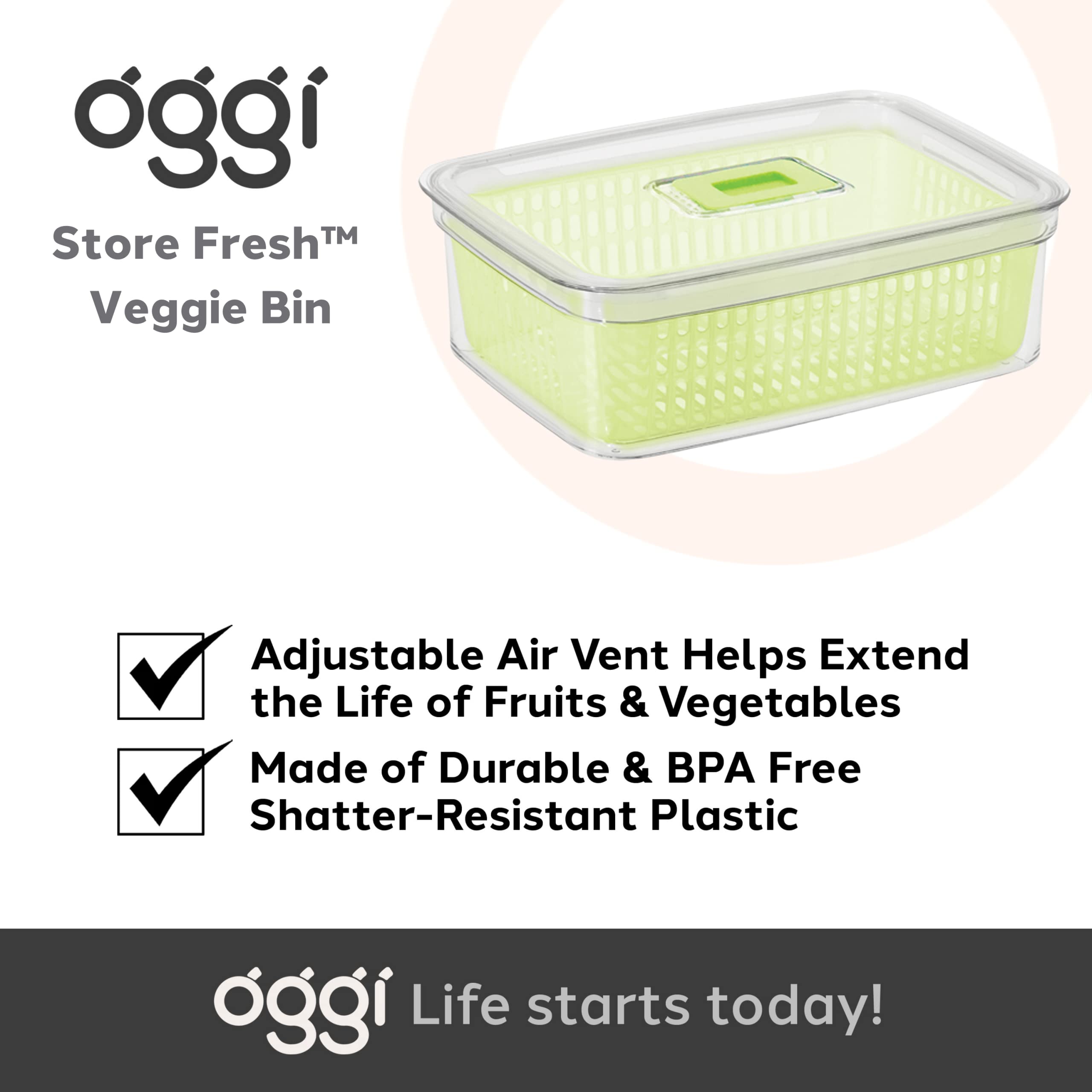 Oggi Store Fresh Veggie Bin - Clear Refrigerator Organizer Bins for Vegetables, Fruits & Food Storage | Kitchen Organization Containers | Perfect for Fridge Shelves & Pantry Organization