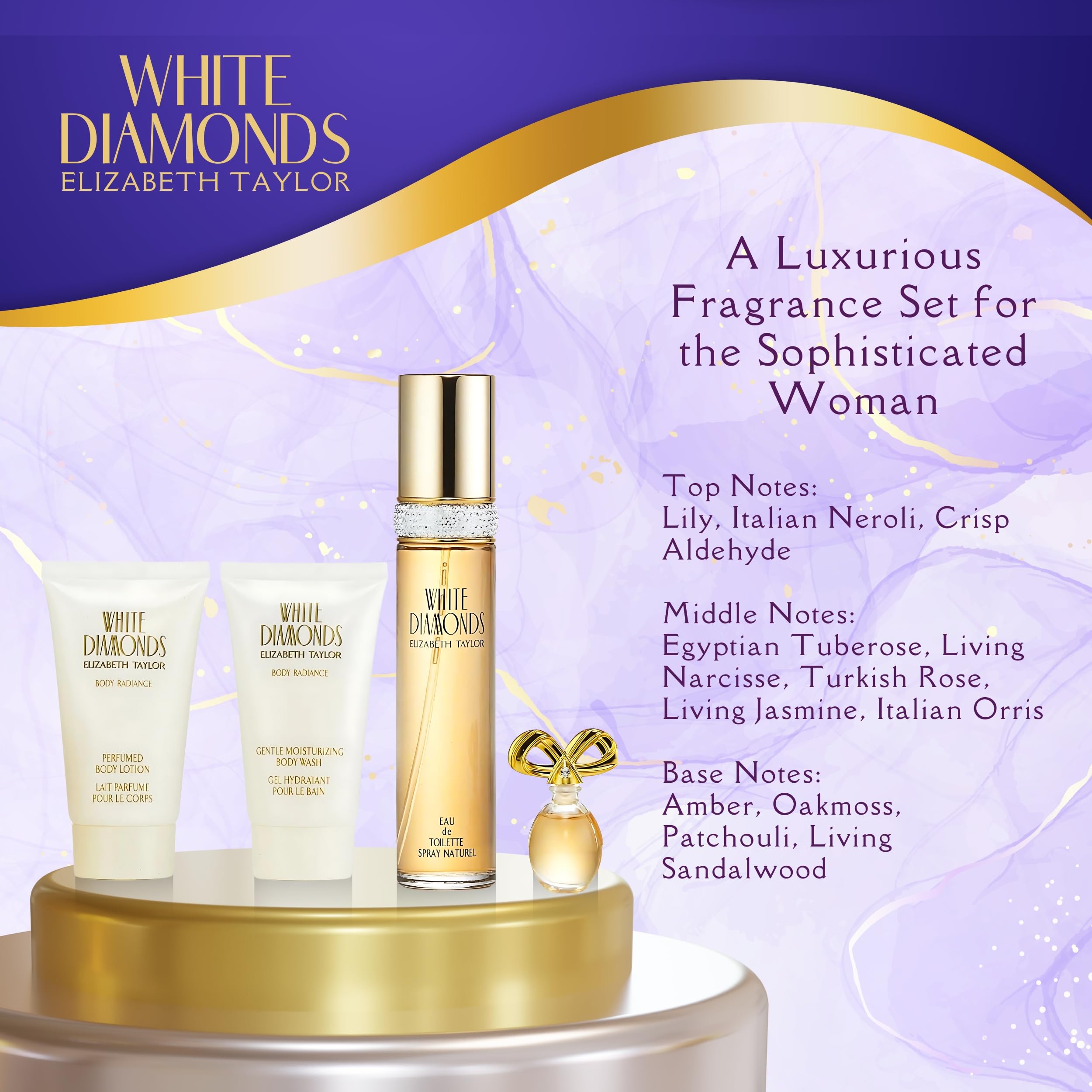Elizabeth Taylor White Diamonds Perfume for Women - Eau de Toilette 4-Piece Gift Set (1.7 oz) | Floral Fragrance for Everyday Wear, Date Nights & Special Occasions