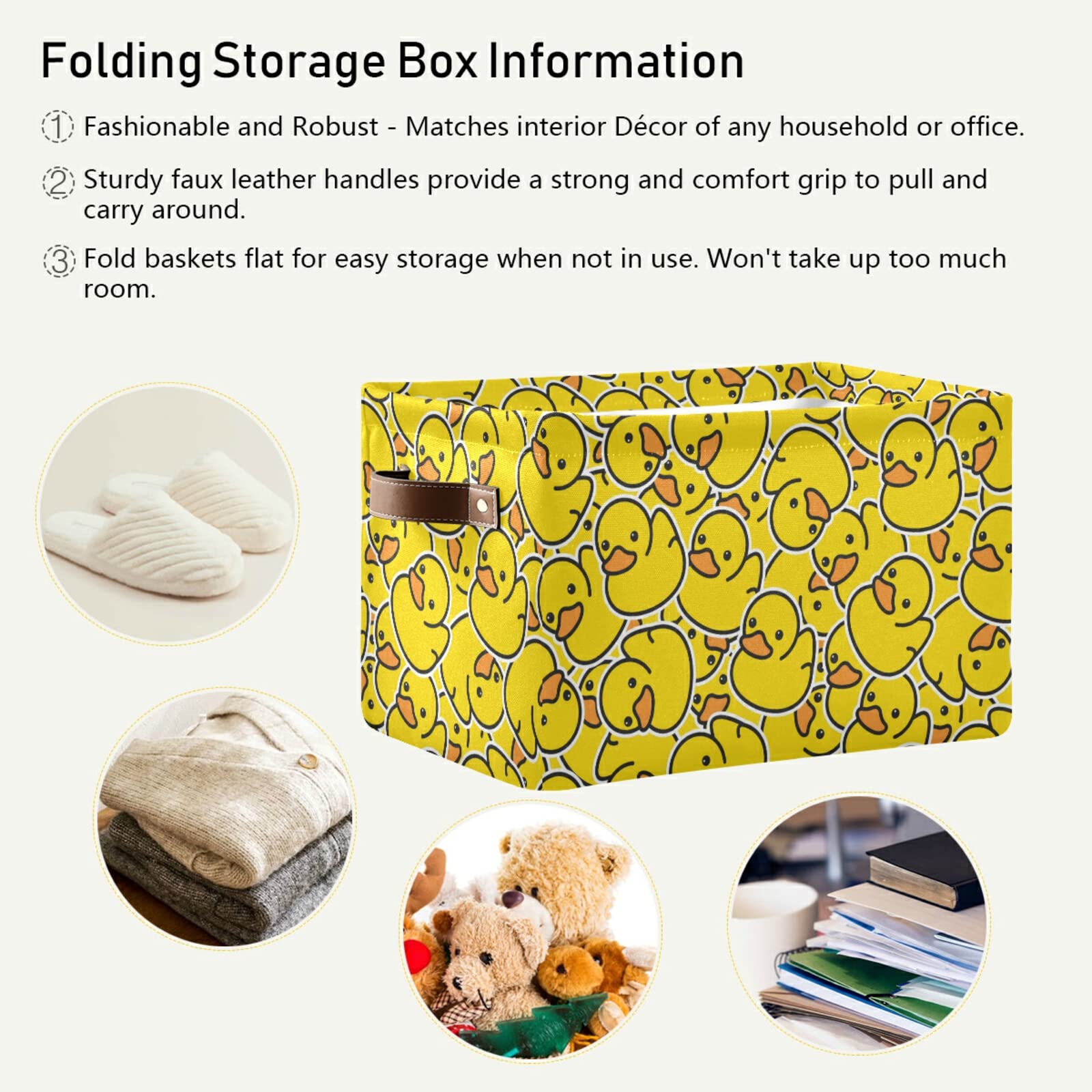 Collapsible Yellow Duck Storage Basket with PU Handles - Large Organizer Bin for Shelf, Closet, Nursery & Laundry Room | Perfect for Kids' Toy Storage & Home Organization (1-Pack)