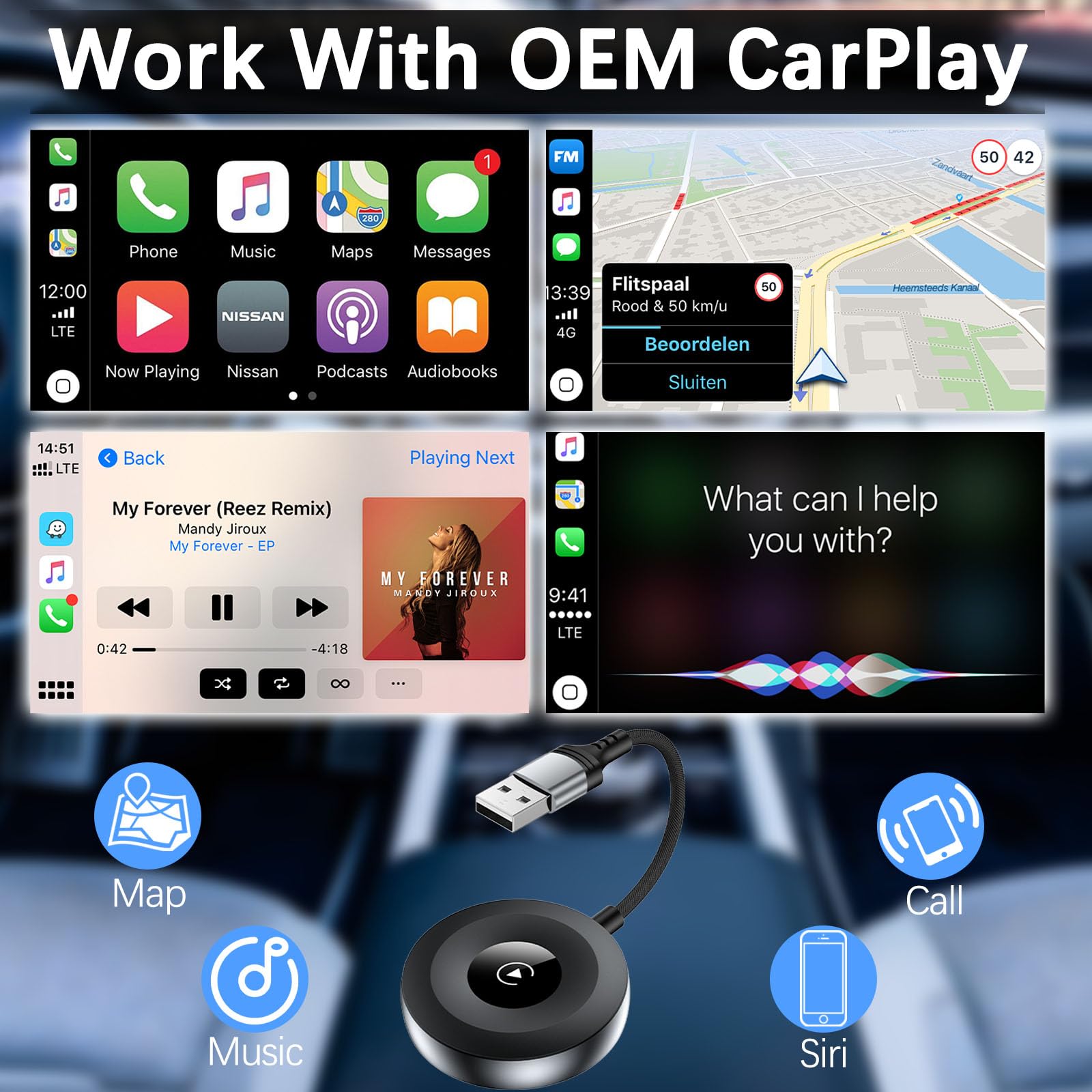 Wireless CarPlay Adapter for iPhone 16 Pro Max/15 Plus 2024 & iPad - USB/USB-C to Wireless CarPlay Dongle - Plug & Play Bluetooth CarPlay Converter for OEM Systems - Perfect for Commuting, Road Trips & Hands-Free Driving