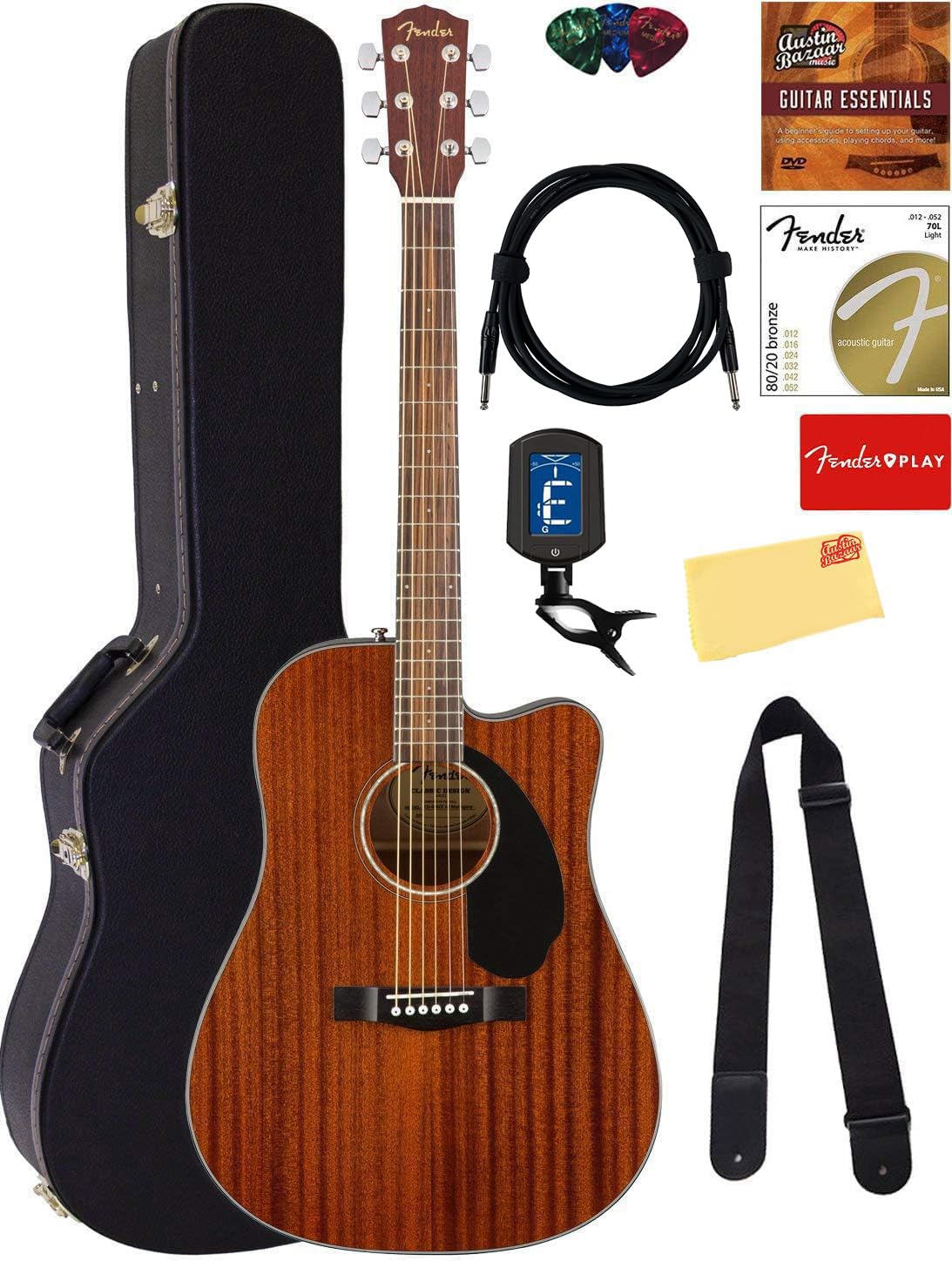 Fender CD-60SCE All Mahogany Solid Top Acoustic-Electric Guitar Bundle with Hard Case, Tuner, Strap & Accessories | Perfect for Beginners, Live Performances & Home Recording
