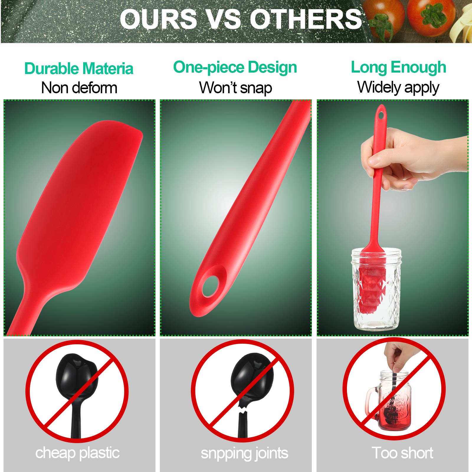 2-Pack Patelai Silicone Jar Spatulas - Long Handle Non-Stick Rubber Scrapers, Heat Resistant Cooking & Baking Tools for Smoothies, Blenders, Mixing & Stirring (Red & Black) - Perfect for Kitchen, Baking & Food Prep