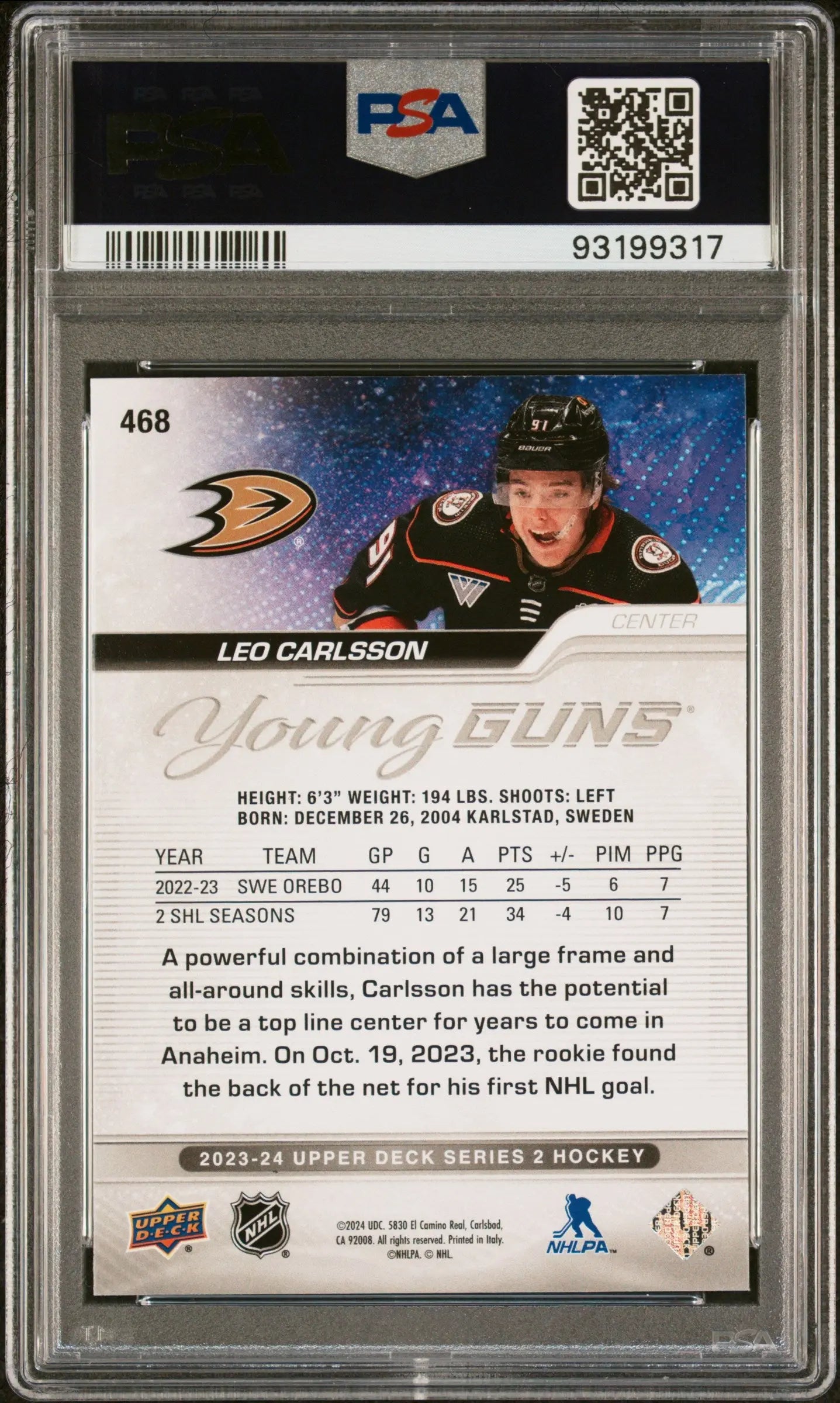 2023-24 Upper Deck Series 2 Hockey Leo Carlsson Young Guns PSA 10 #468 Rookie Card - Collectible Trading Card for NHL Fans & Sports Memorabilia Enthusiasts