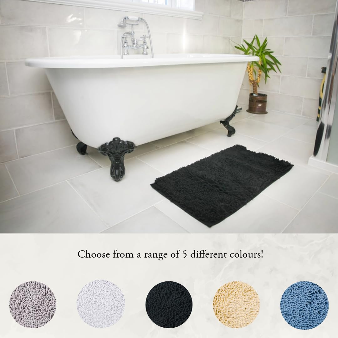 AIREEFAIREE Super Soft Chenille & Foam Bath Mat - Non-Slip, Washable Bathroom Rug for Shower, Toilet & Vanity - Black