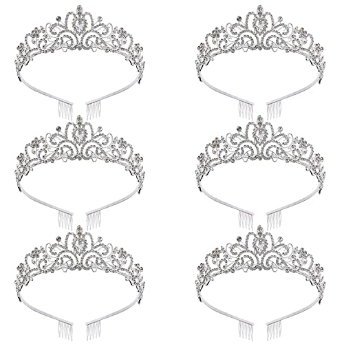 Silver Rhinestone Princess Crown Tiara for Women & Girls - Halloween, Prom, Wedding, Birthday, Homecoming, Fairy Costume Accessory - Pack of 6 with Comb Hairband (Perfect for Parties, Pageants, Cosplay & Special Events)