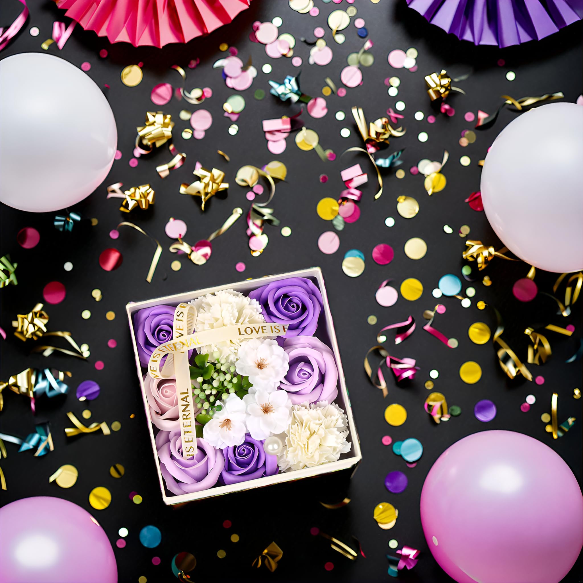 Unique Birthday Gifts for Women - Fresh Flower Gift Box with Surprise Elements | Thoughtful Present for Mom, Wife, Daughter & Girlfriend | Perfect for Anniversaries, Mother's Day & Special Occasions (Purple Square)