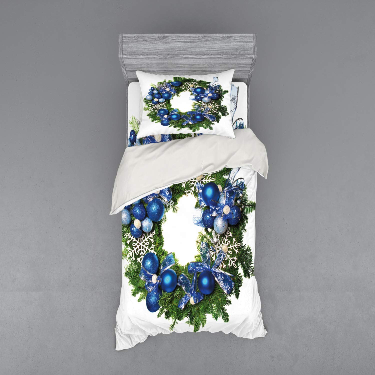 Ambesonne Christmas Duvet Cover Set - Holiday Wreath with Baubles & Snowflakes Design - 3 Piece Bedding Set with Sham & Fitted Sheet - Twin Size in Green & Blue - Perfect for Festive Bedroom Decor & Winter Holiday Gift