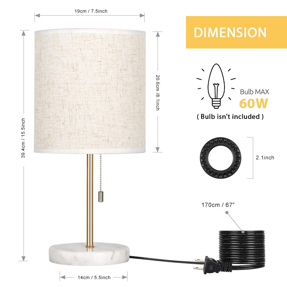 HAITRAL Small Nightstand Lamp with Marble Base - Gold Bedside Table Lamp for Bedroom, Office & Girls Room - Perfect for Reading, Relaxing & Decorating