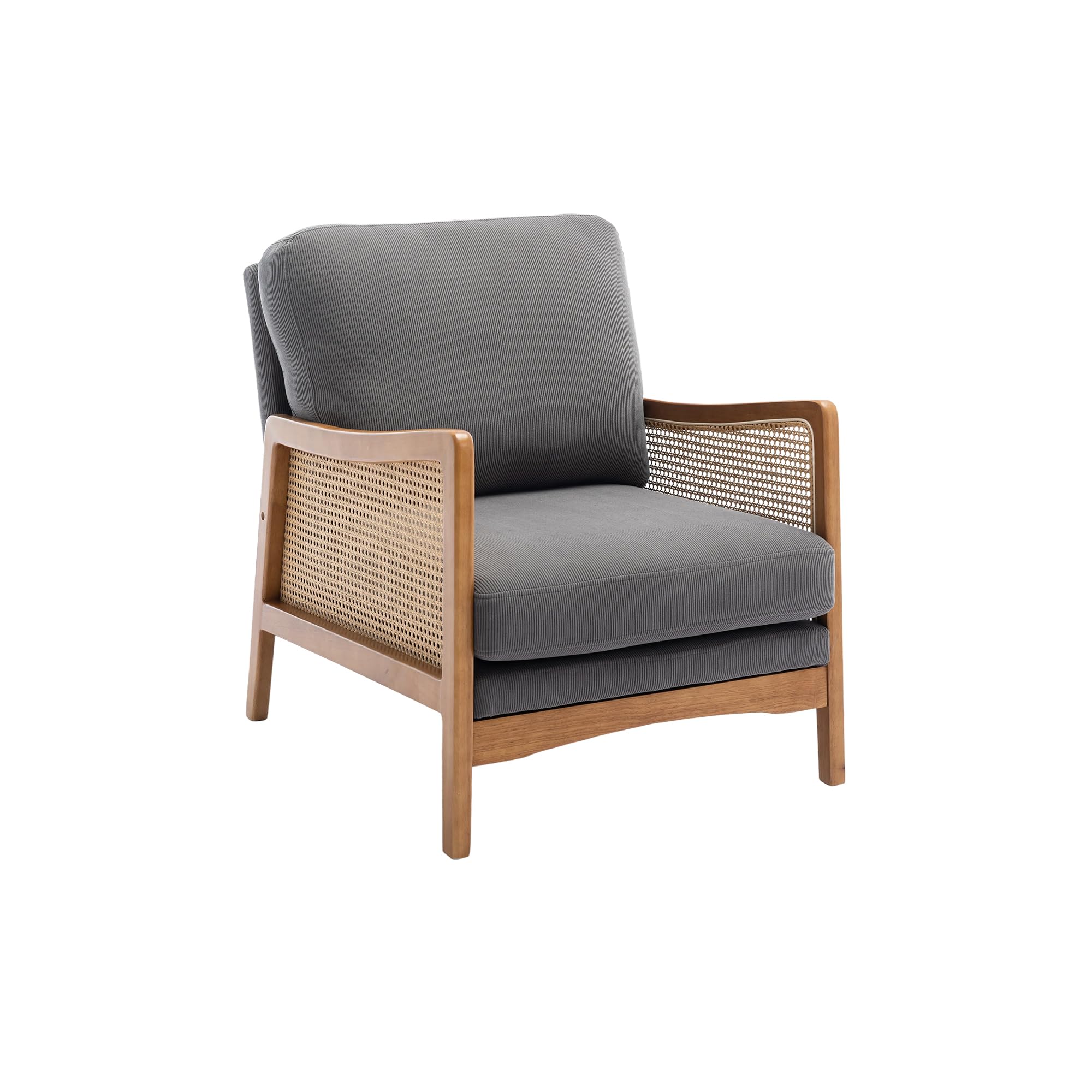 VanTook Mid-Century Modern Velvet Accent Chair - Rattan Armrests, Cozy Single Sofa Lounge Armchair for Living Room, Bedroom, Office & Cafe - Brown & Grey - Perfect for Reading, Relaxing & Home Decor