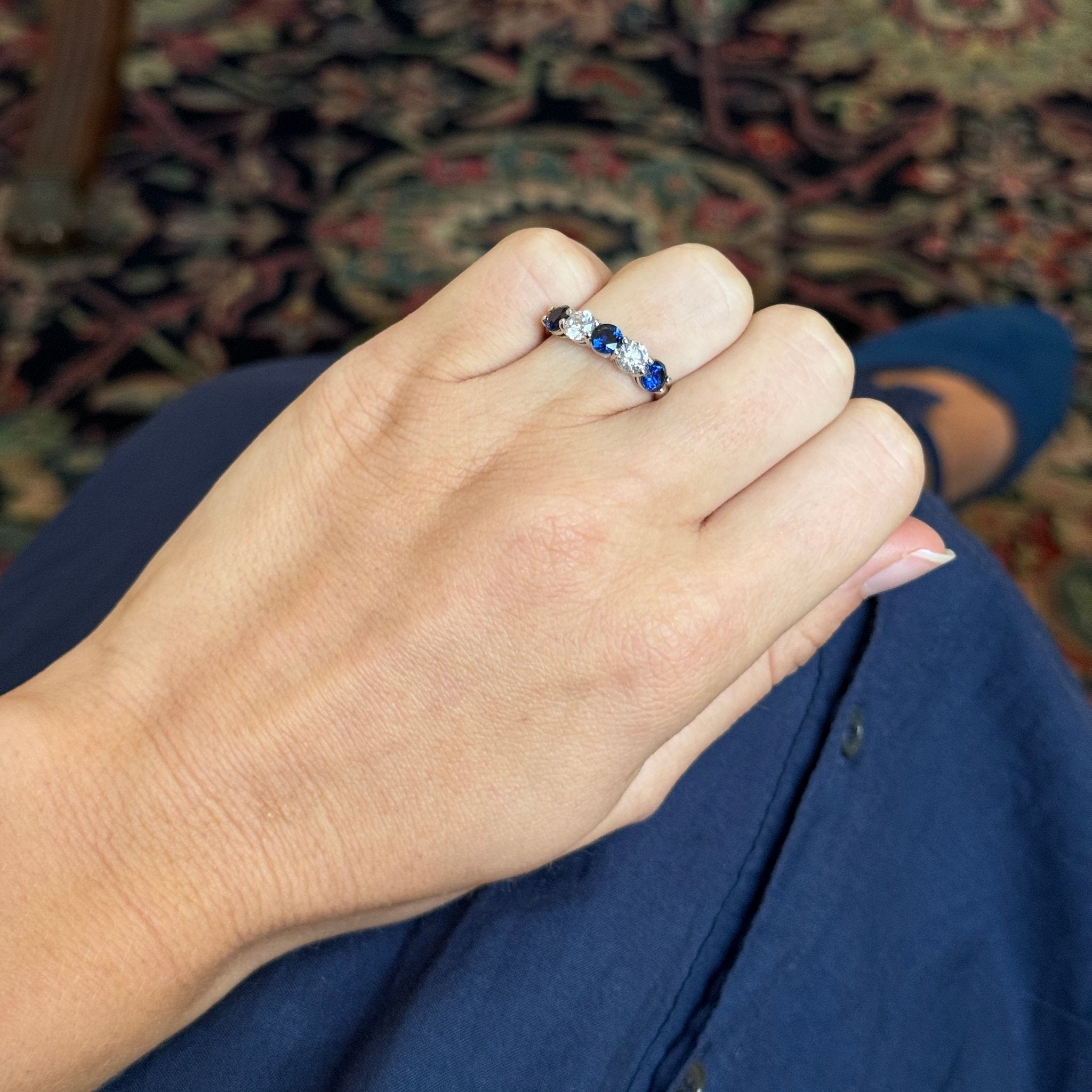 14K White Gold Round Sapphire & Diamond 5 Stone Ring for Women - Elegant Wedding Band, Anniversary Gift, or Everyday Jewelry