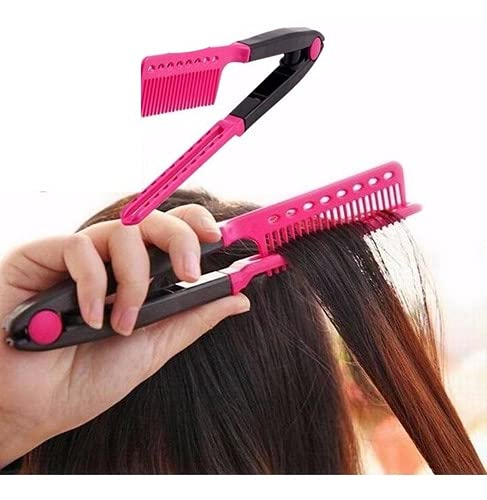 Alexvyan Pink V-Shaped Straightening Comb - Salon Hair Brush for Smooth & Tangle-Free Styling, Professional Hair Straightener for Knotty & Curly Hair (Pink) - Perfect for Home Use, Travel & Salon Styling