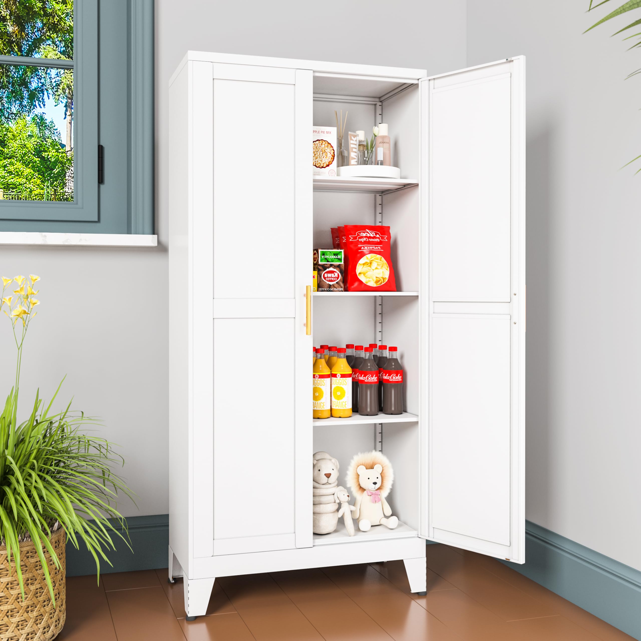 White Metal Pantry Cabinet with 2 Doors & Adjustable Shelves - Kitchen Storage Cabinet with Gold Handles for Laundry, Living Room, Bathroom & Dining Room - Perfect for Organizing Spices, Linens & Household Items