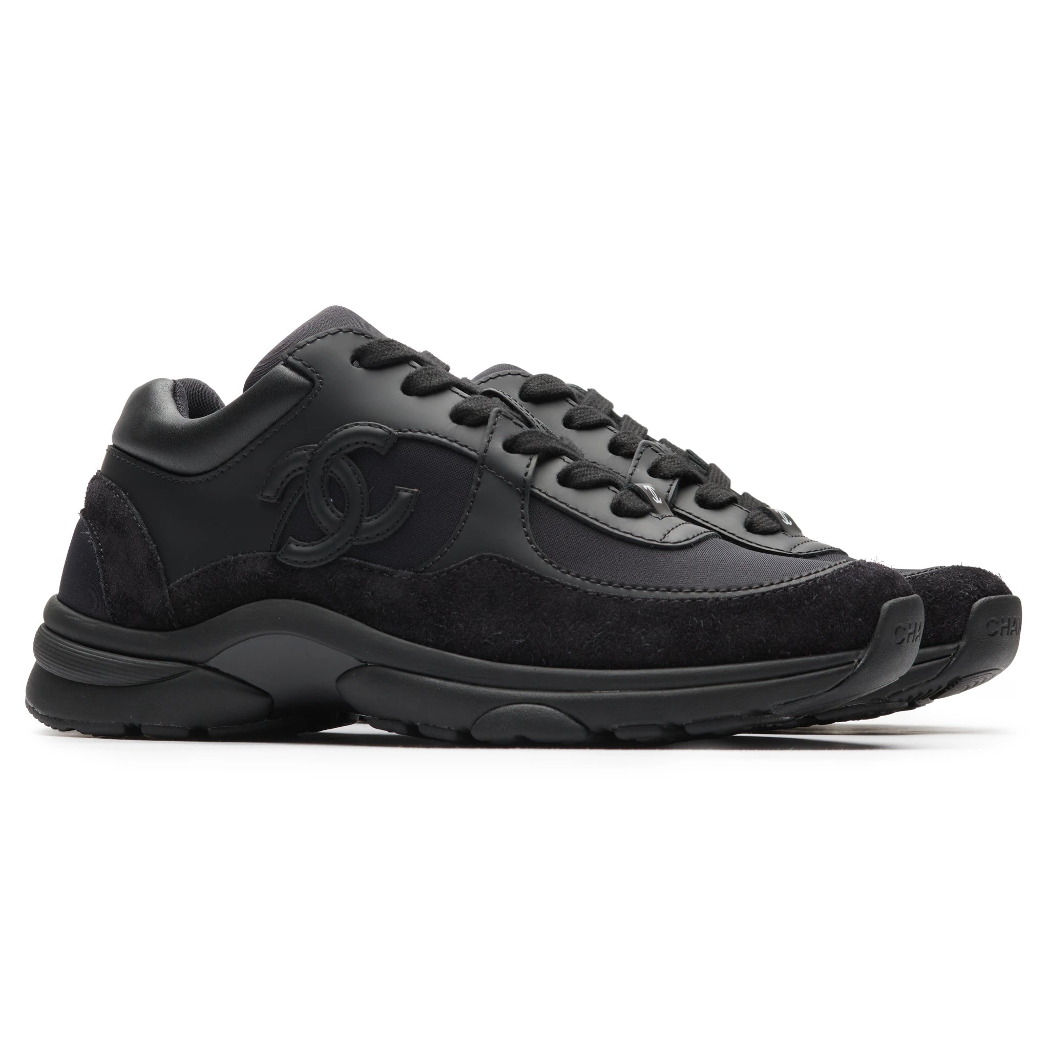 Chanel CC Logo Suede Triple Black Sneakers - Authentic Pre-Owned Luxury Shoes for Women | Perfect for Casual Outfits, Street Style & Fashion Events